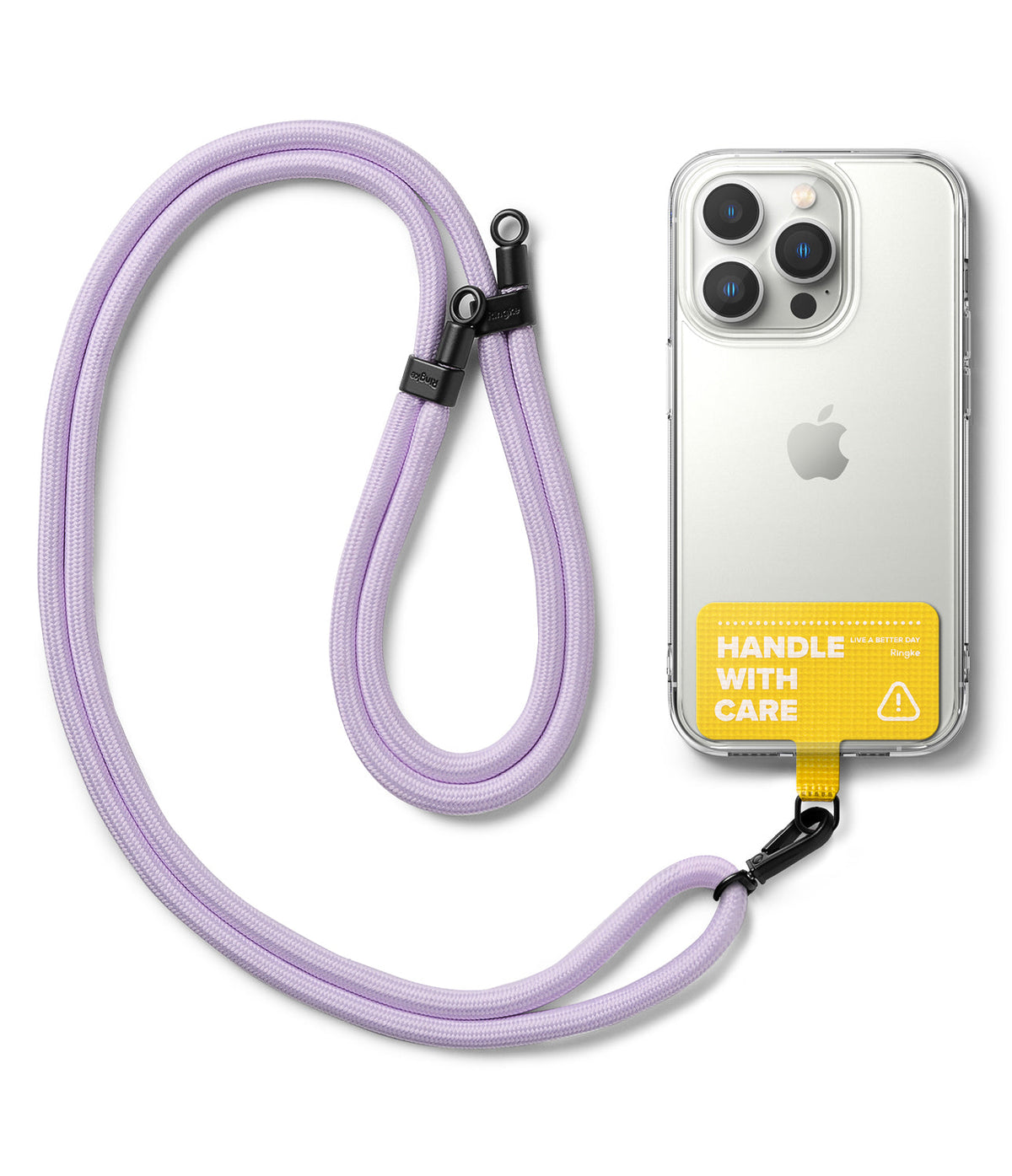 Holder Link Strap | Tarpaulin Yellow - Lavender rope lanyard attached to a clear phone case with a yellow warning label.