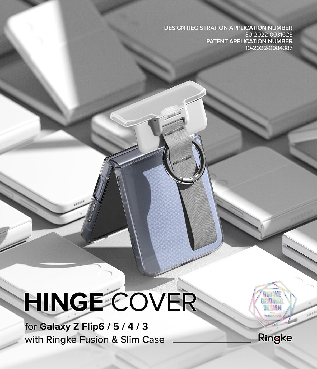 Galaxy Z Flip 6 / 5 / 4 / 3 | Hinge Cover - A protective hinge cover with a gray strap and ring attached to a folded phone.