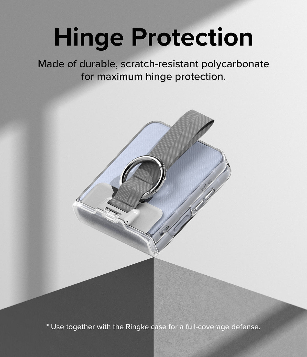 Galaxy Z Flip 6 / 5 / 4 / 3 | Hinge Cover - Clear polycarbonate hinge cover with a gray fabric strap and metal ring.