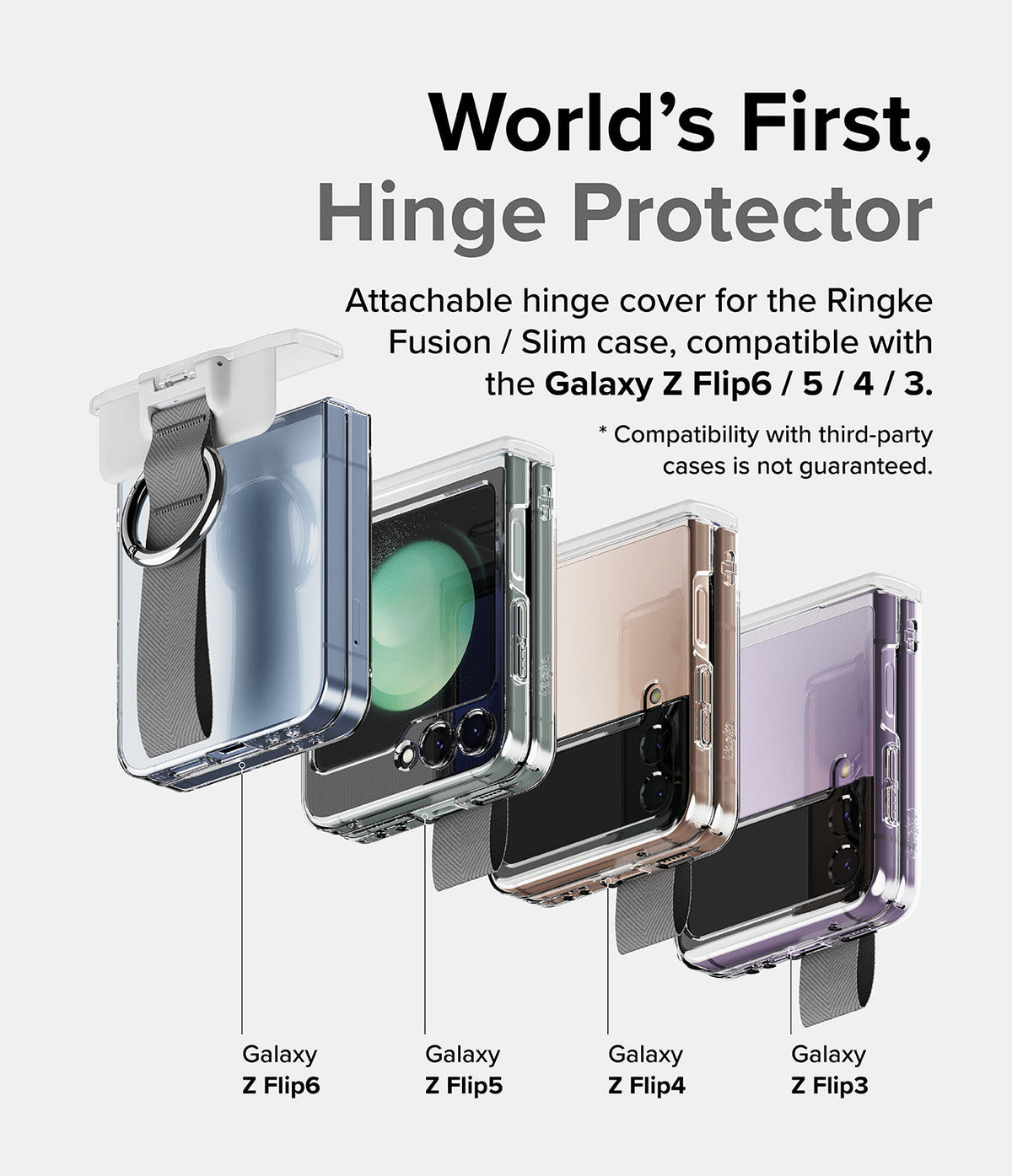 Galaxy Z Flip 6 / 5 / 4 / 3 | Hinge Cover - Four Galaxy Z Flip phones in cases with an attachable hinge protector.