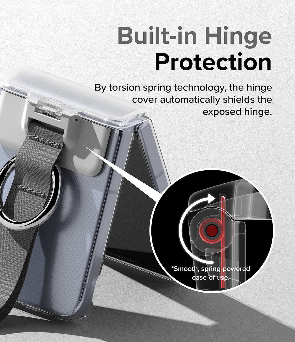 Galaxy Z Flip 6 / 5 / 4 / 3 | Hinge Cover - Close-up of a phone case hinge mechanism with a spring-powered protective cover.