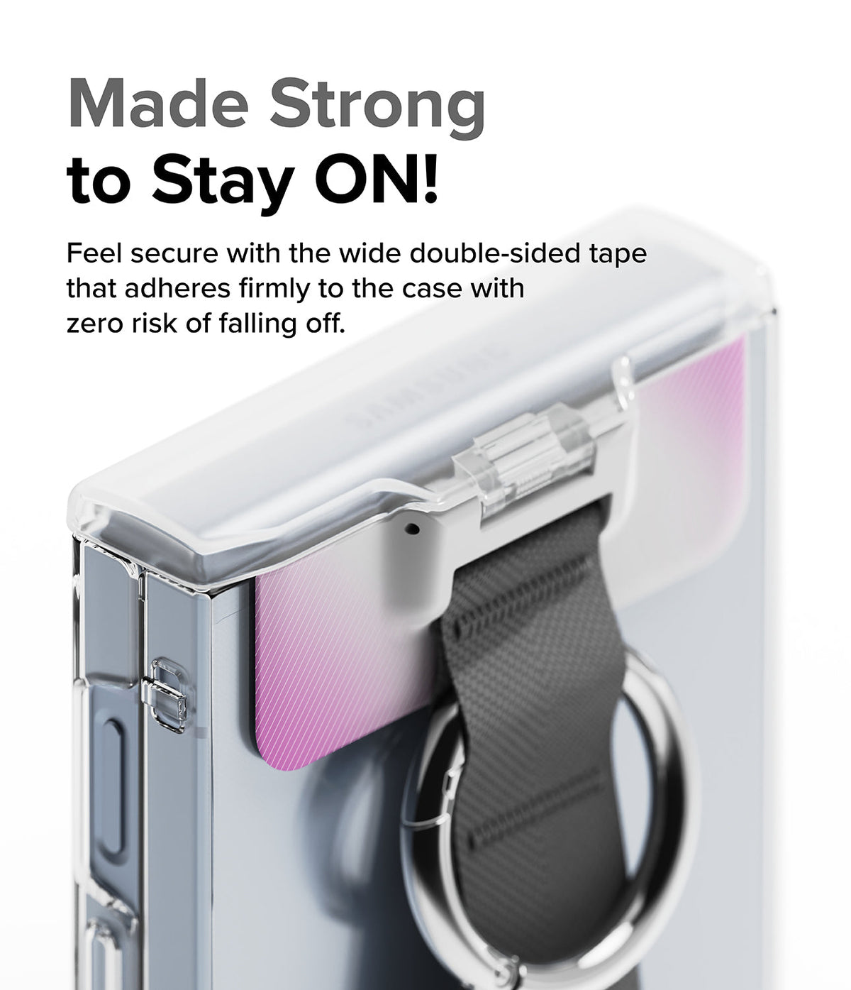 Galaxy Z Flip 6 / 5 / 4 / 3 | Hinge Cover - Clear hinge cover with adhesive tape and a black strap with a metal ring.