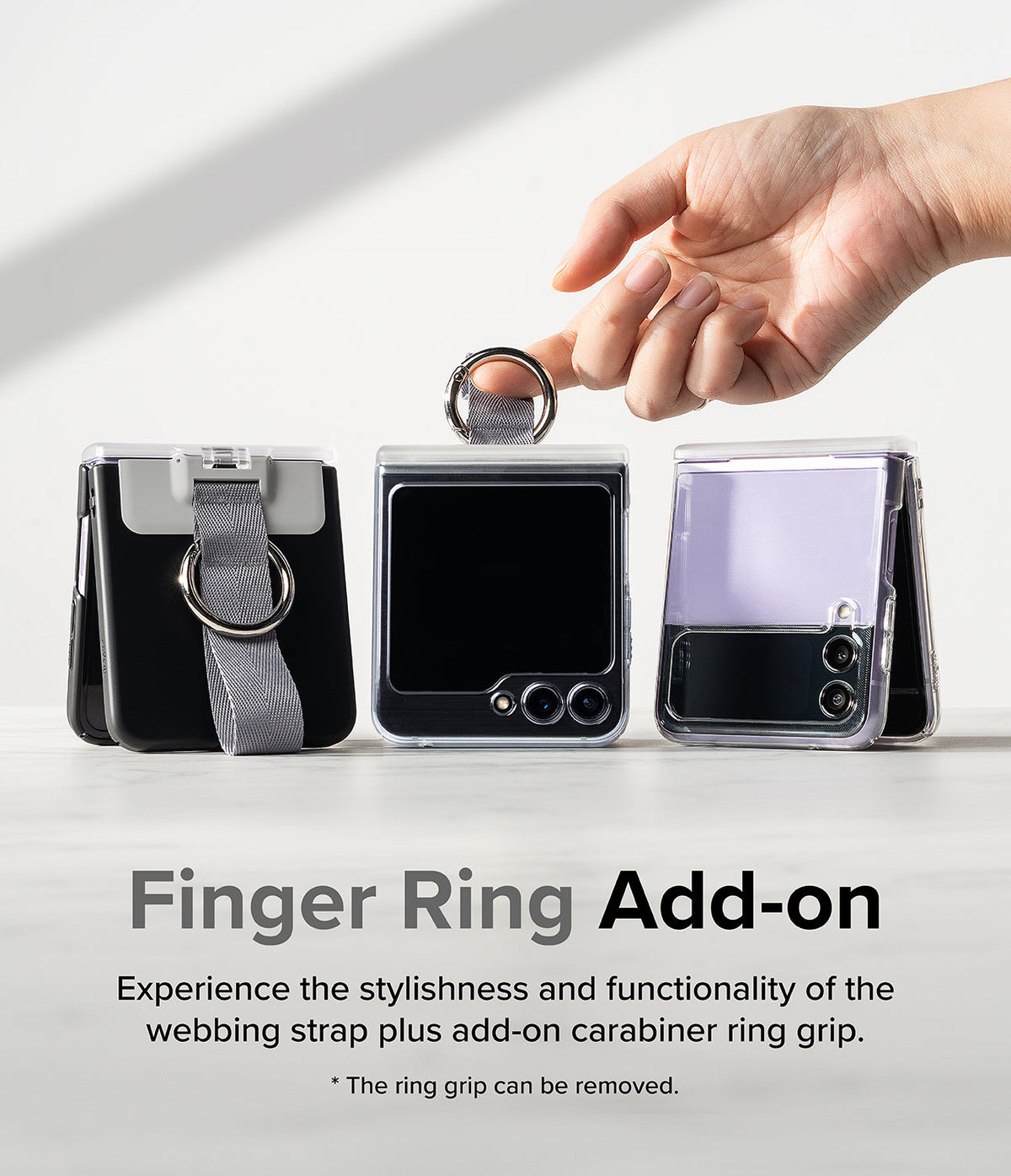 Galaxy Z Flip 6 / 5 / 4 / 3 | Hinge Cover - Three folded phones with removable webbing strap and carabiner ring grips.