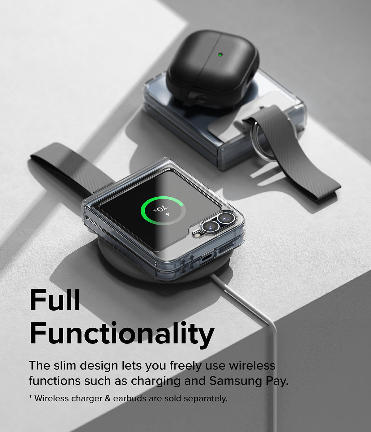 Galaxy Z Flip 6 / 5 / 4 / 3 | Hinge Cover - Folded Galaxy Z Flip in a clear case wirelessly charging with earbuds on top.