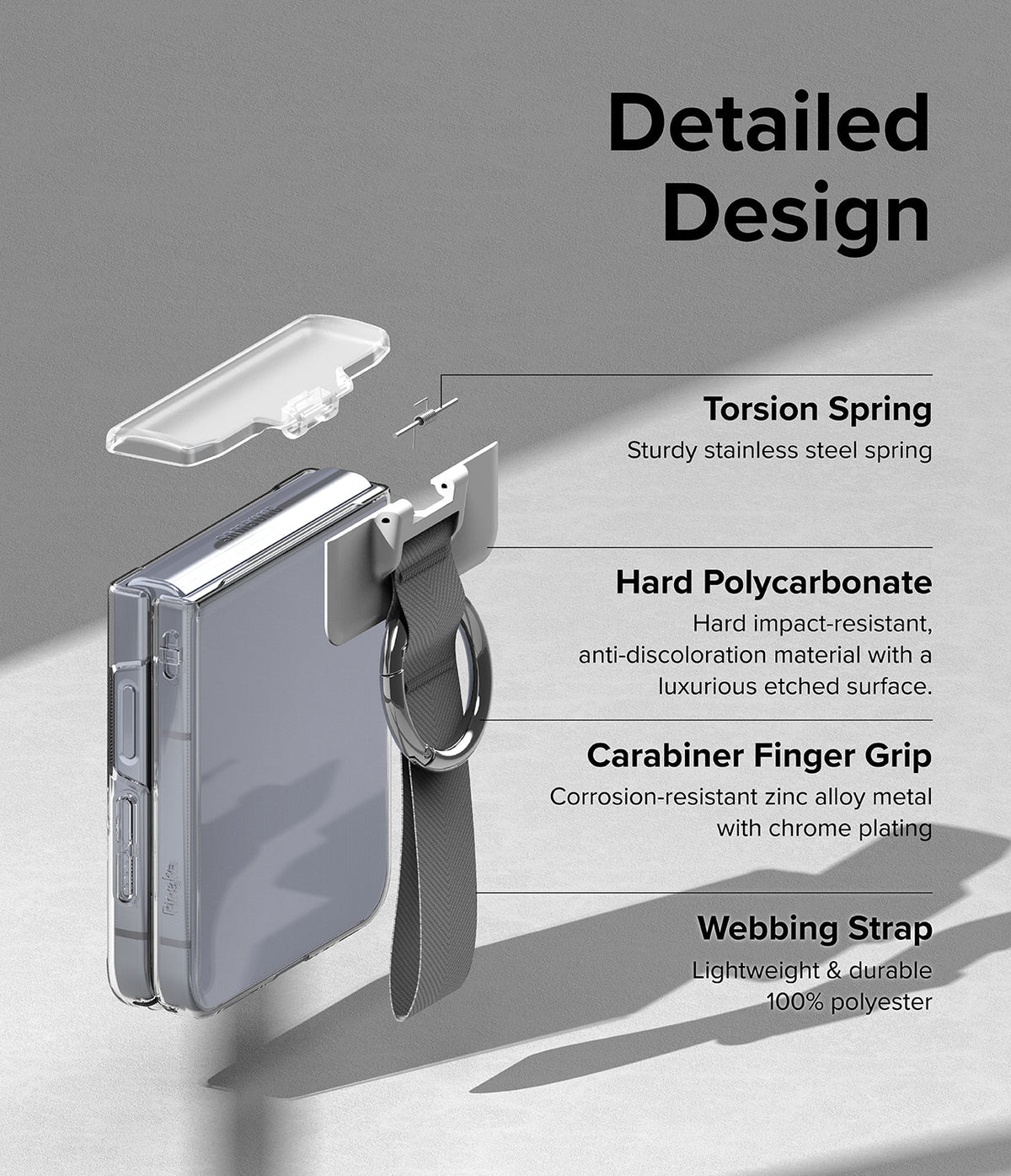 Galaxy Z Flip 6 / 5 / 4 / 3 | Hinge Cover - Galaxy Z Flip 6 / 5 / 4 / 3 | Exploded view of hinge cover components including spring, polycarbonate, carabiner, and strap.