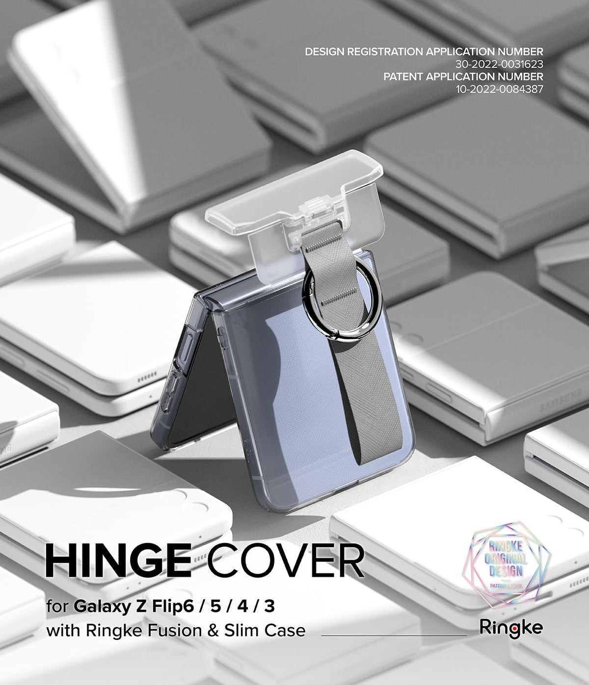 Galaxy Z Flip 6 / 5 / 4 / 3 | Hinge Cover - Clear hinge cover with a grey strap and ring on a folded Galaxy Z Flip phone.