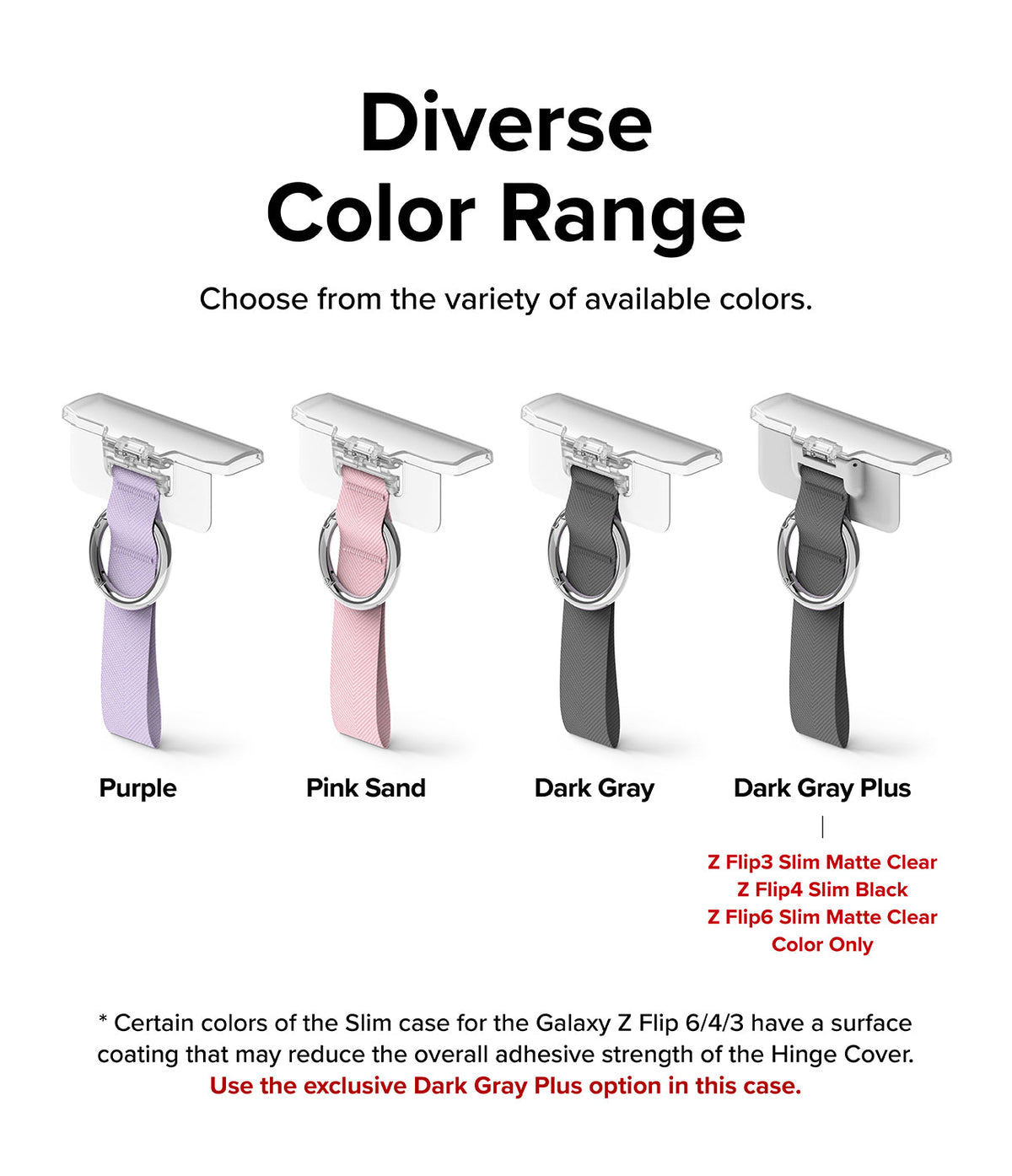 Galaxy Z Flip 6 / 5 / 4 / 3 | Hinge Cover - Four hinge covers with ring straps in purple, pink, dark gray, and dark gray plus.
