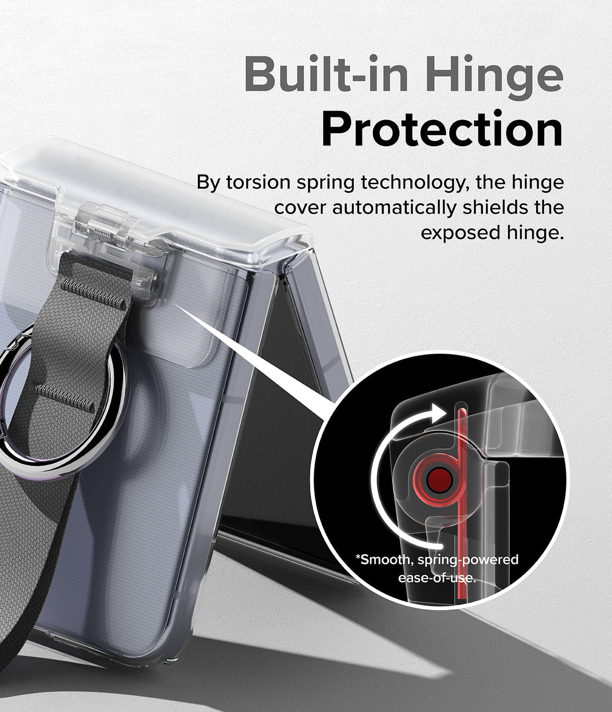 Galaxy Z Flip 6 / 5 / 4 / 3 | Hinge Cover - Clear phone case with a spring-loaded hinge protector and a ring strap.