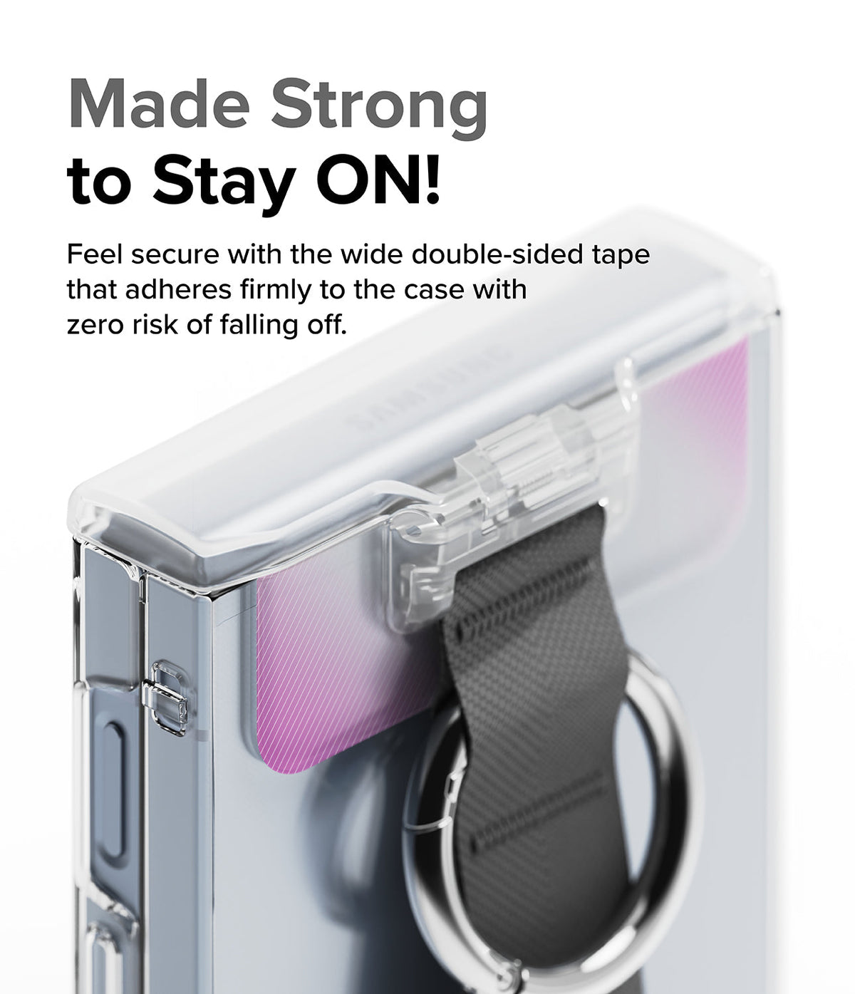 Galaxy Z Flip 6 / 5 / 4 / 3 | Hinge Cover - Clear hinge cover with a black strap and metal ring attached to a phone case.