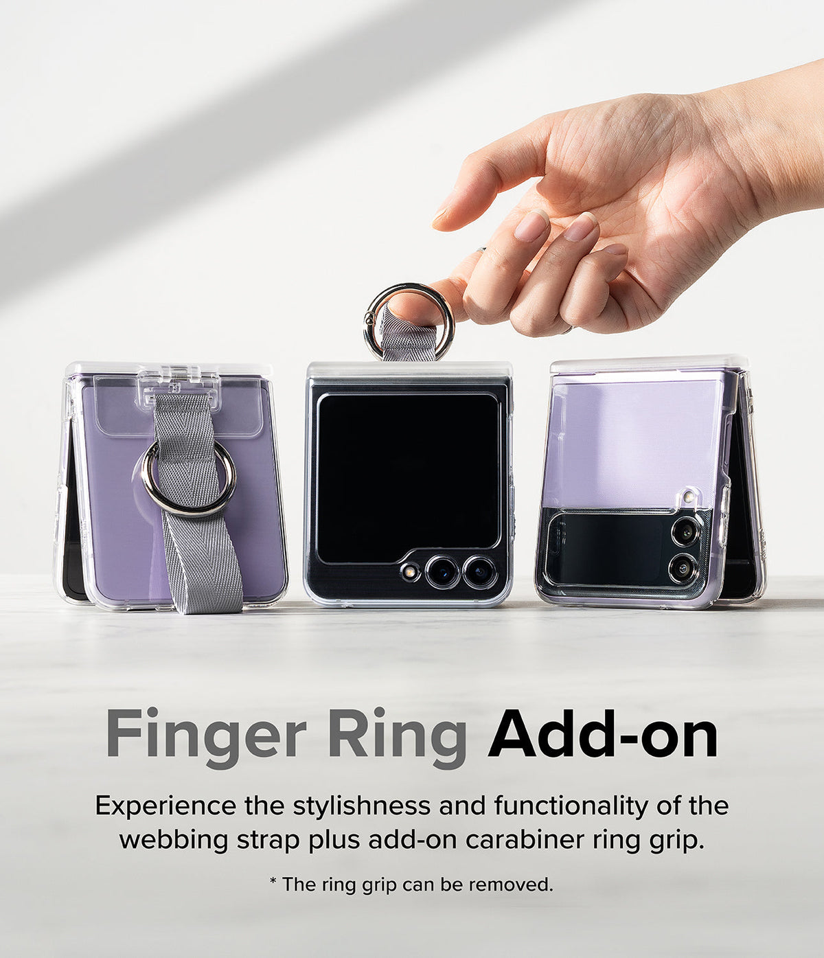 Galaxy Z Flip 6 / 5 / 4 / 3 | Hinge Cover - Hand holding a purple Galaxy Z Flip phone with a removable ring grip strap.