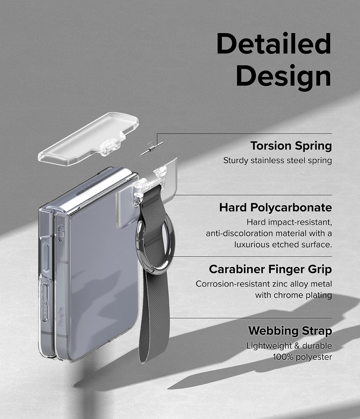 Galaxy Z Flip 6 / 5 / 4 / 3 | Hinge Cover - Galaxy Z Flip 6 / 5 / 4 / 3 | Exploded view of a phone hinge cover showing spring, polycarbonate, carabiner, and strap.