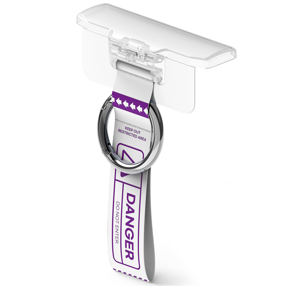 Galaxy Z Flip 7 FE / 6 / 5 / 4 / 3 | Hinge Cover Tarpaulin - Galaxy Z Flip 7 FE / 6 / 5 / 4 / 3 | Clear hinge cover with a white and purple "Danger" warning strap and metal ring.