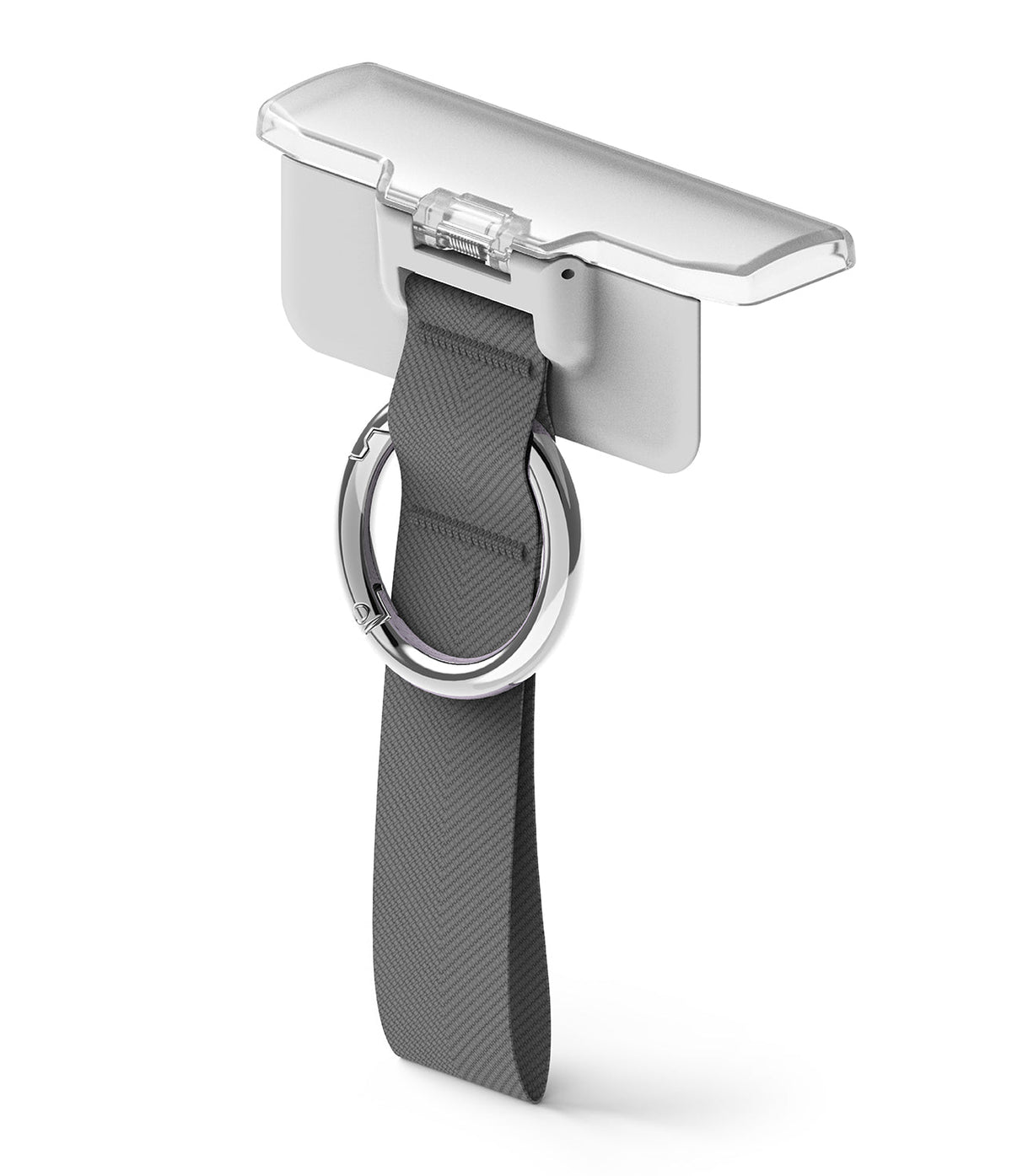 Galaxy Z Flip 6 / 5 / 4 / 3 | Hinge Cover - Clear hinge protector with a grey fabric strap and a silver metal ring.