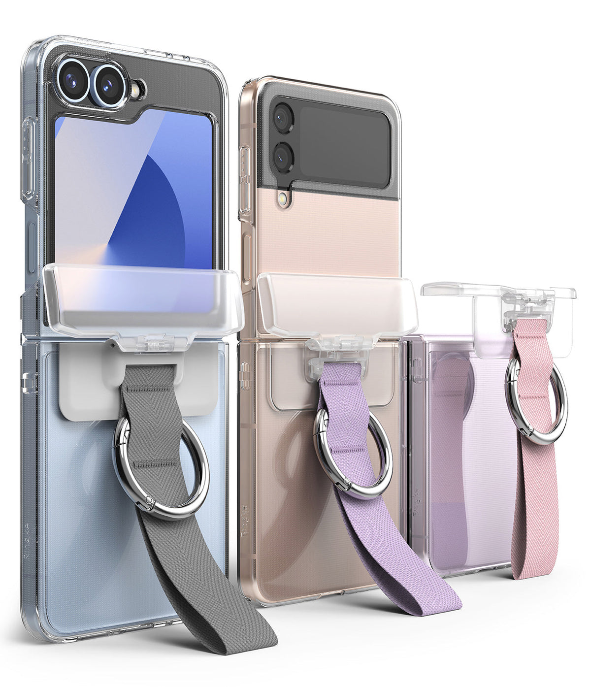 Galaxy Z Flip 6 / 5 / 4 / 3 | Hinge Cover - Three Galaxy Z Flip phones in clear cases with hinge-mounted fabric straps and metal rings.