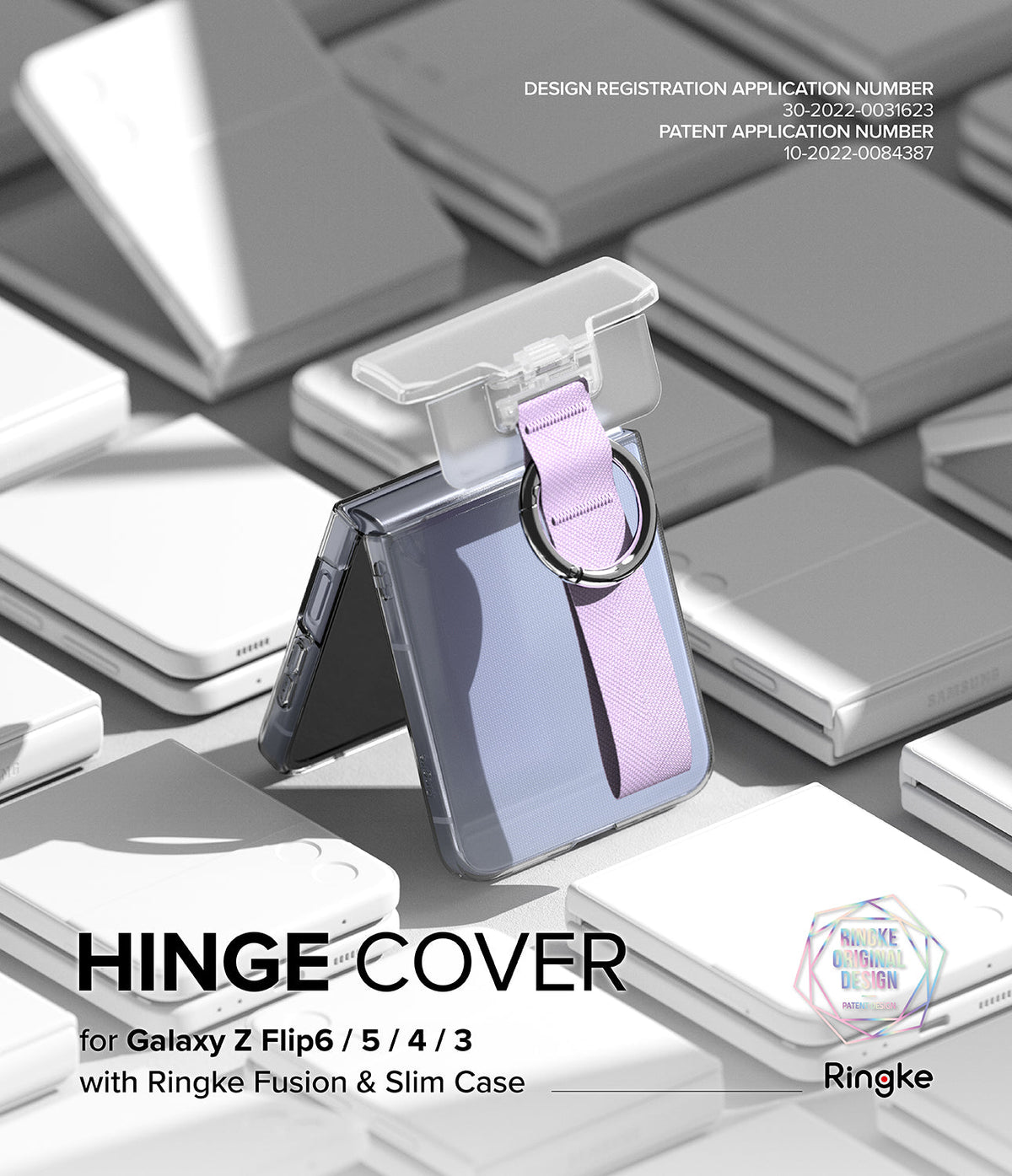 Galaxy Z Flip 6 / 5 / 4 / 3 | Hinge Cover - Clear hinge cover with a lavender fabric strap and ring on a folded phone.