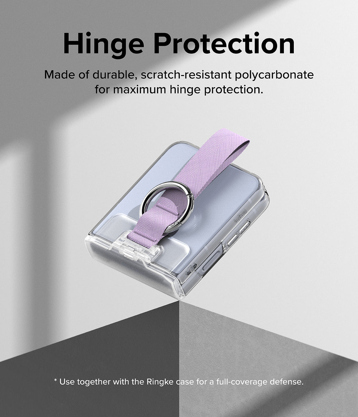 Galaxy Z Flip 6 / 5 / 4 / 3 | Hinge Cover - Clear polycarbonate hinge protector with a purple fabric strap and ring.
