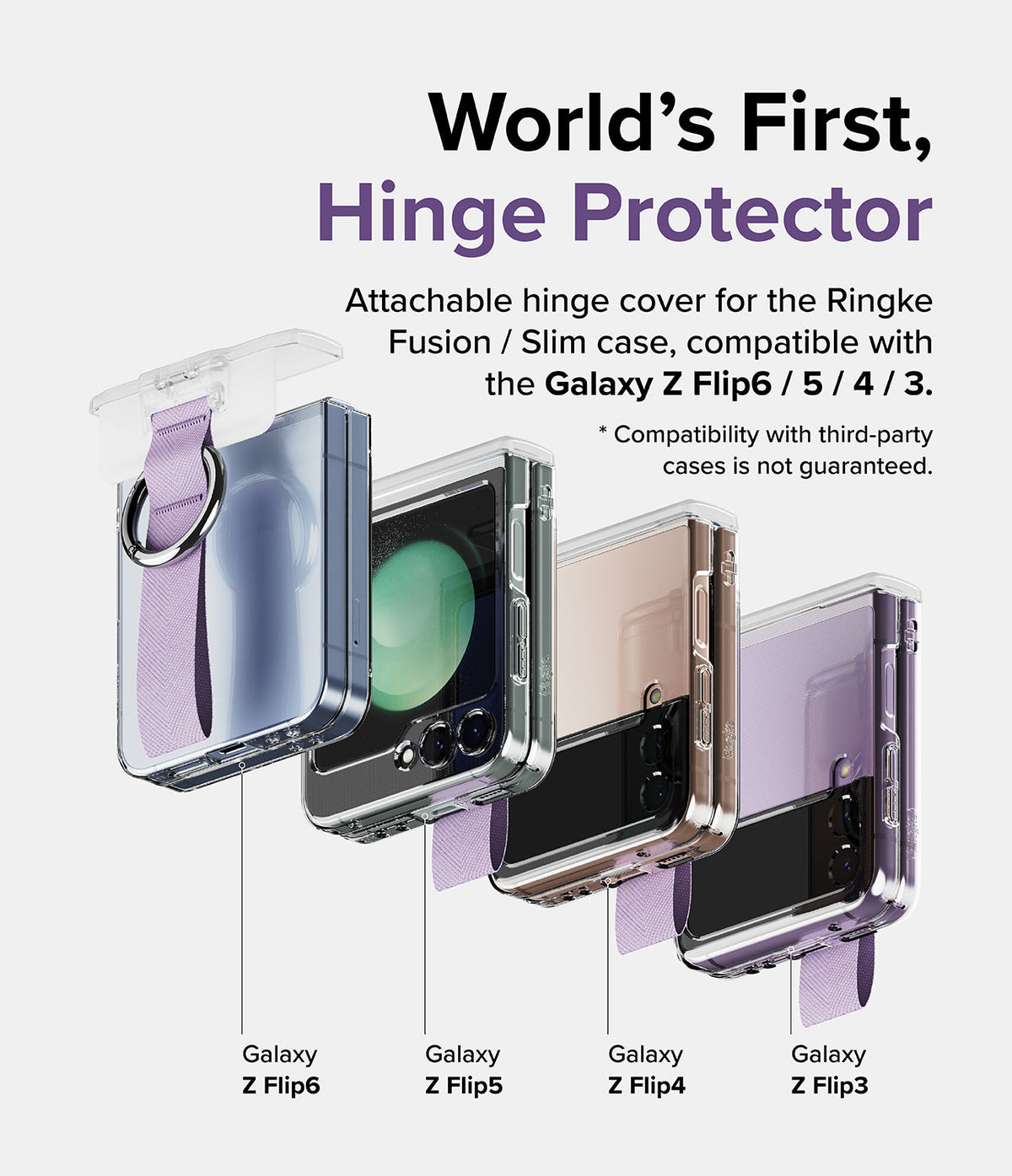 Galaxy Z Flip 6 / 5 / 4 / 3 | Hinge Cover - Four Galaxy Z Flip phones in clear cases with purple hinge covers and straps.