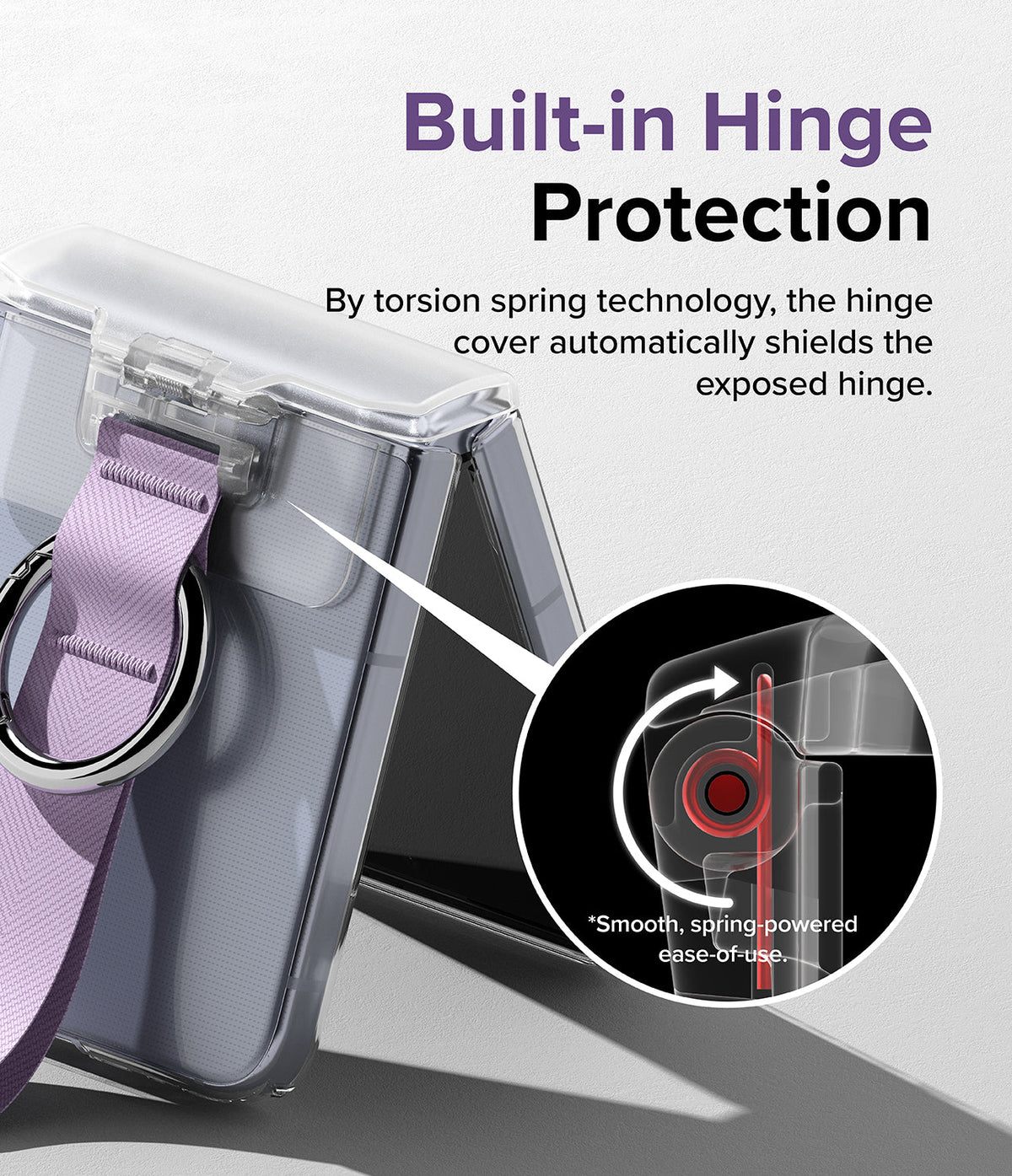 Galaxy Z Flip 6 / 5 / 4 / 3 | Hinge Cover - Clear phone case with a purple strap and spring-loaded hinge protection.