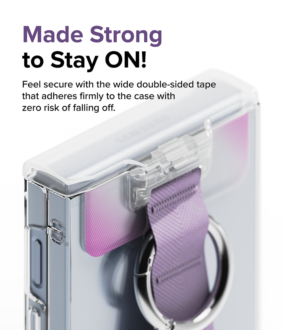 Galaxy Z Flip 6 / 5 / 4 / 3 | Hinge Cover - Clear hinge cover with a purple strap and metal ring attached to a phone case.