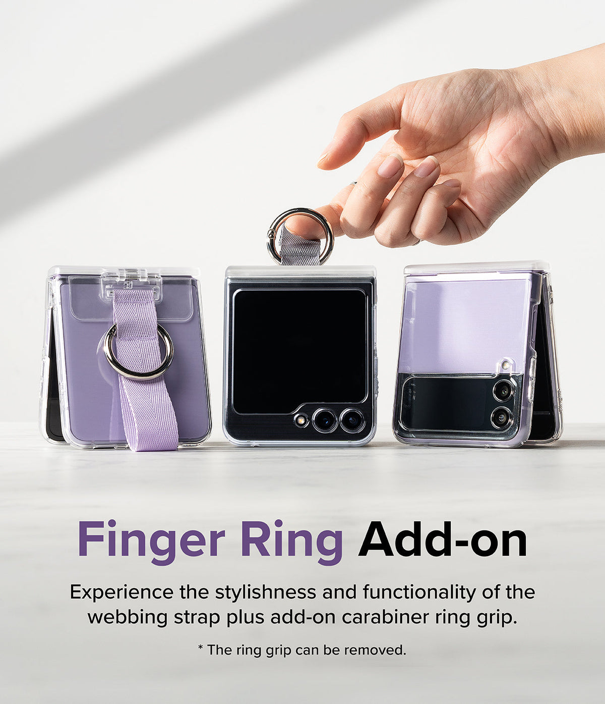 Galaxy Z Flip 6 / 5 / 4 / 3 | Hinge Cover - Three purple Galaxy Z Flip phones in clear cases with a removable ring grip.