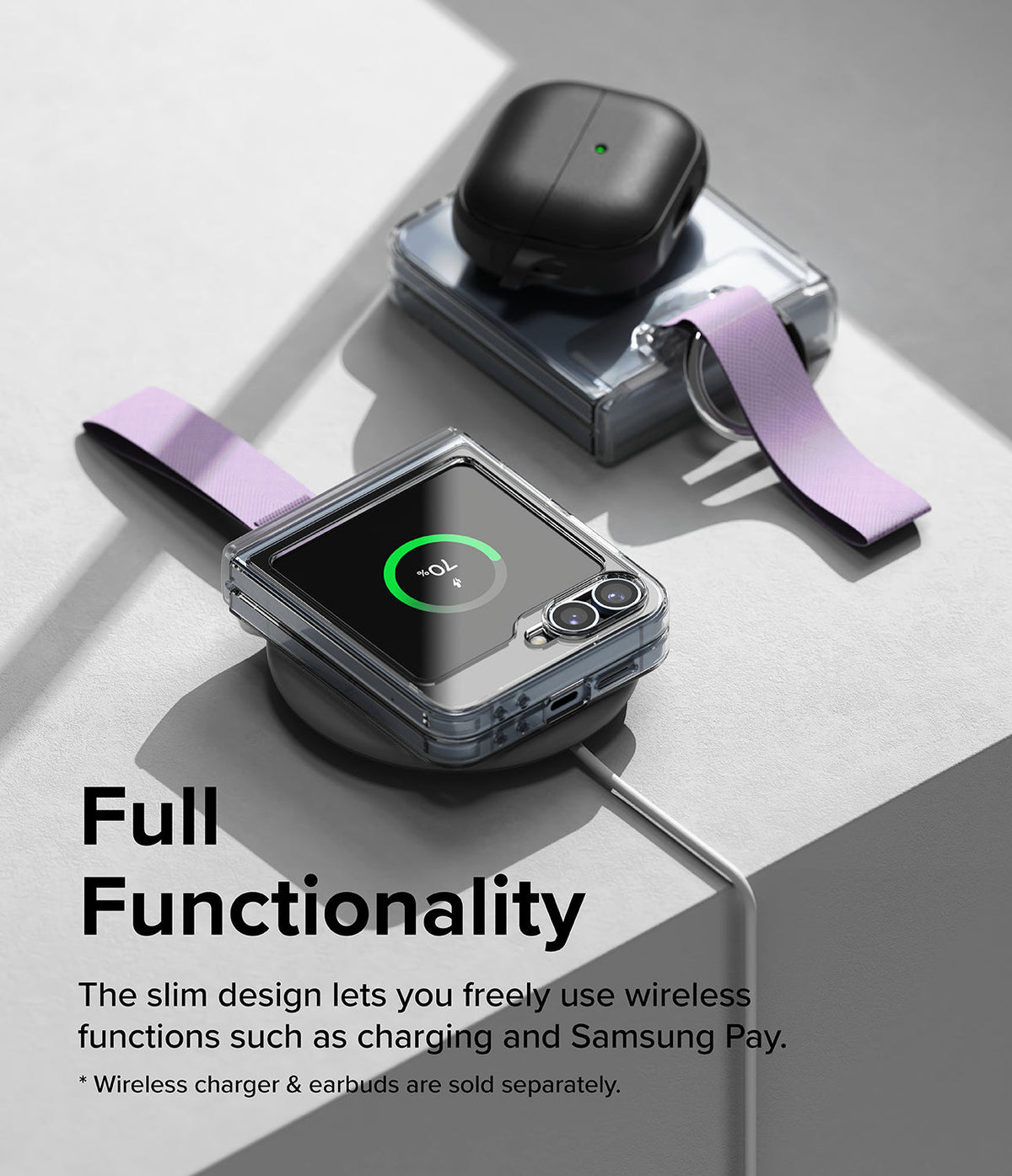 Galaxy Z Flip 6 / 5 / 4 / 3 | Hinge Cover - Folded Galaxy Z Flip with purple strap charging wirelessly on a pad.