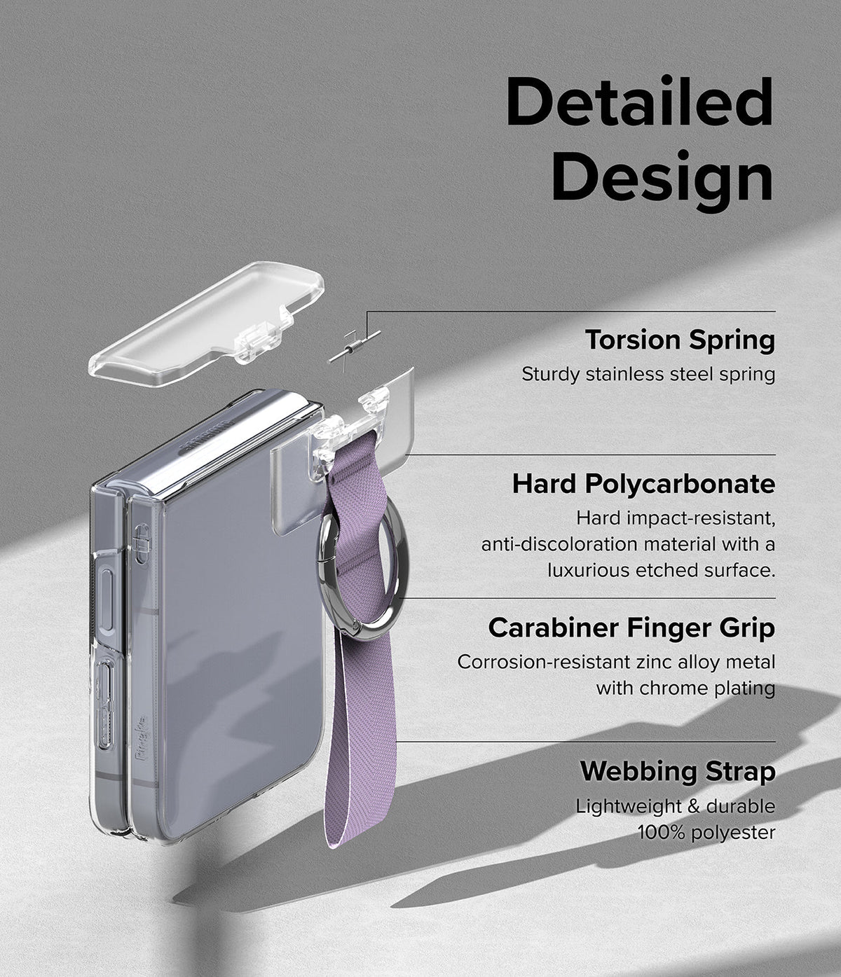 Galaxy Z Flip 6 / 5 / 4 / 3 | Hinge Cover - Exploded view of phone hinge cover showing spring, polycarbonate shell, carabiner, and strap.