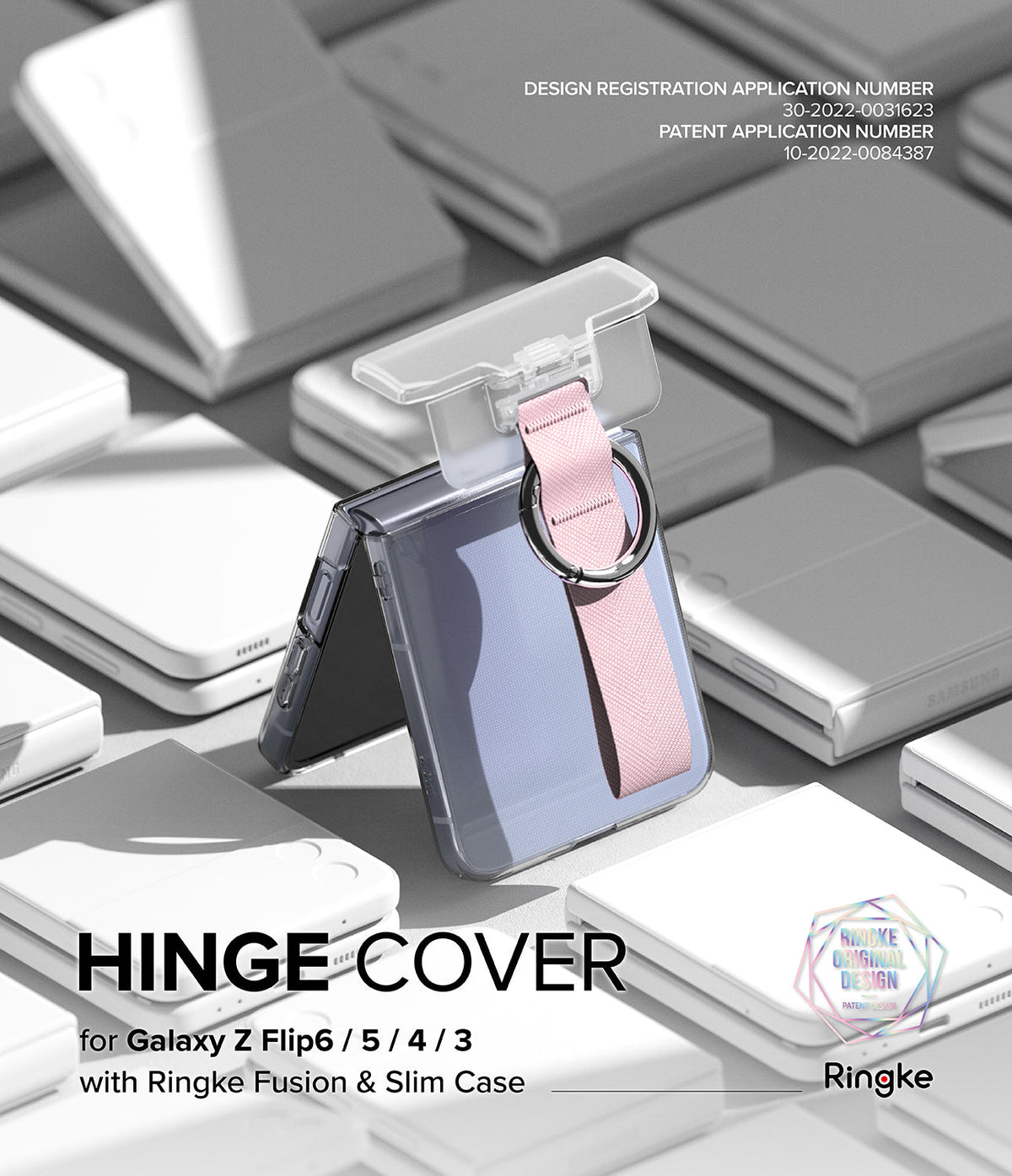 Galaxy Z Flip 6 / 5 / 4 / 3 | Hinge Cover - Clear hinge protector with a pink fabric strap and ring on a folded phone.