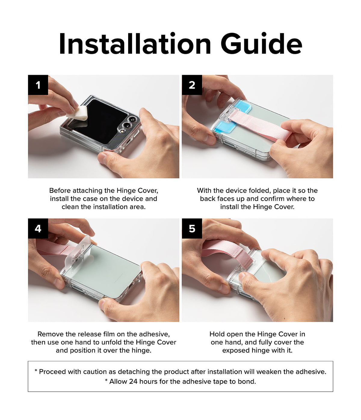 Galaxy Z Flip 6 / 5 / 4 / 3 | Hinge Cover - Four-step visual guide showing hands installing a hinge cover on a folded phone.