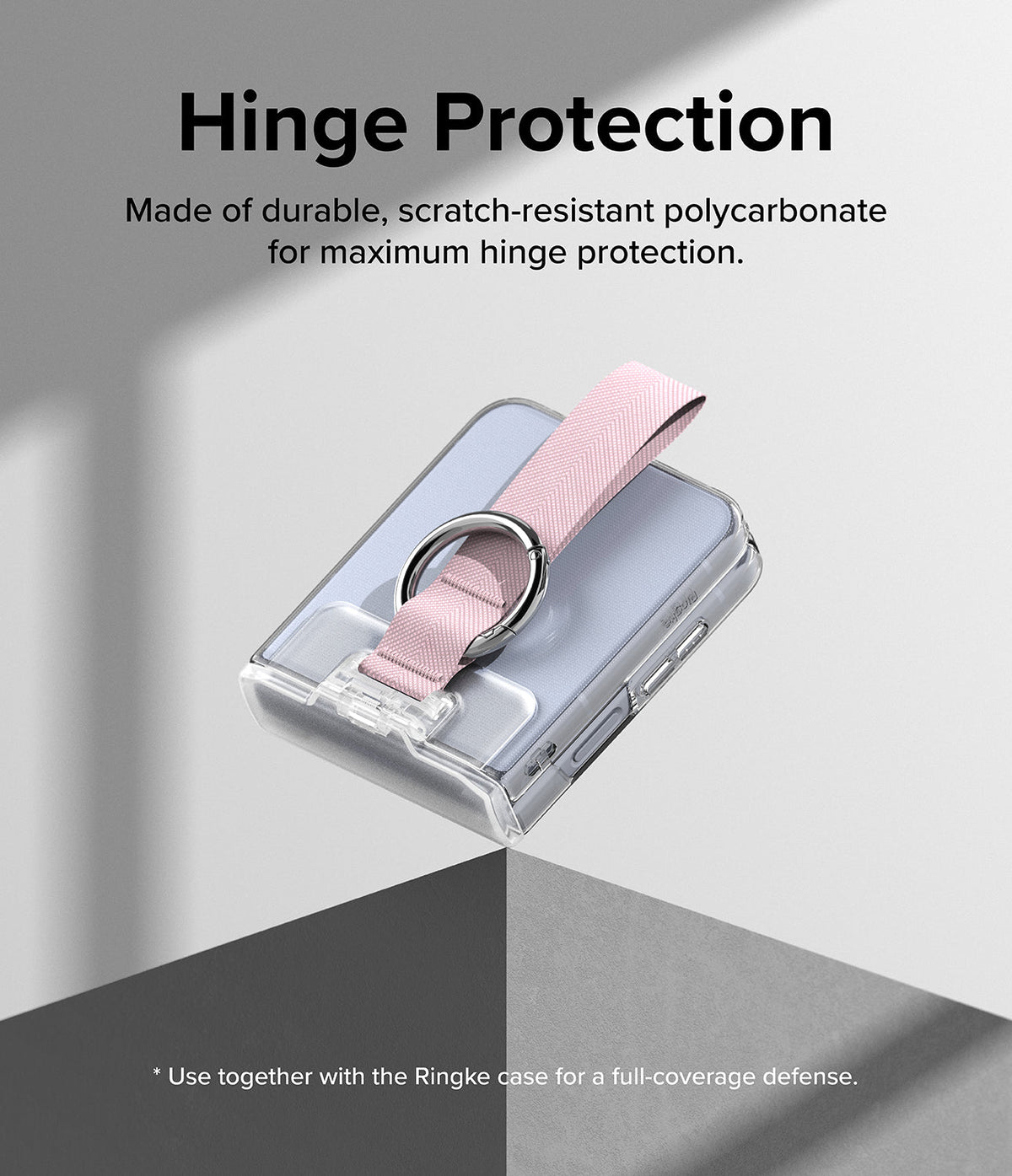 Galaxy Z Flip 6 / 5 / 4 / 3 | Hinge Cover - Clear polycarbonate hinge protector with a pink fabric strap and metal ring.