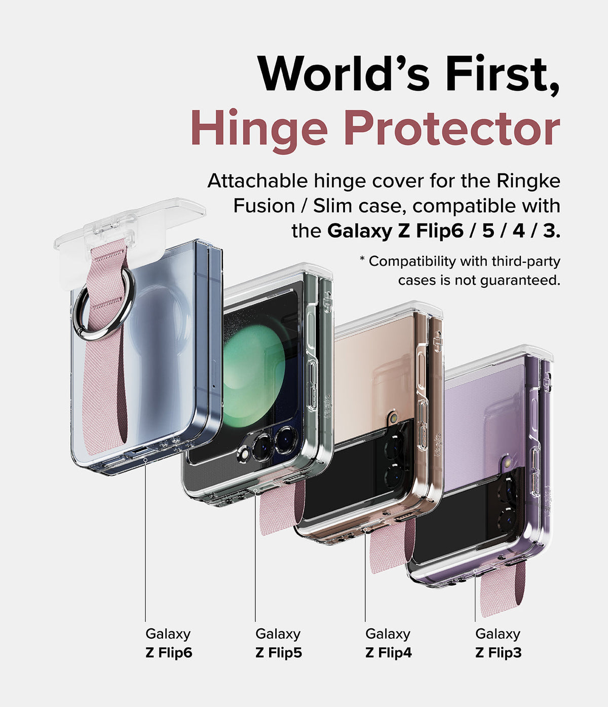 Galaxy Z Flip 6 / 5 / 4 / 3 | Hinge Cover - Four Galaxy Z Flip phones with clear cases and pink hinge covers displayed.