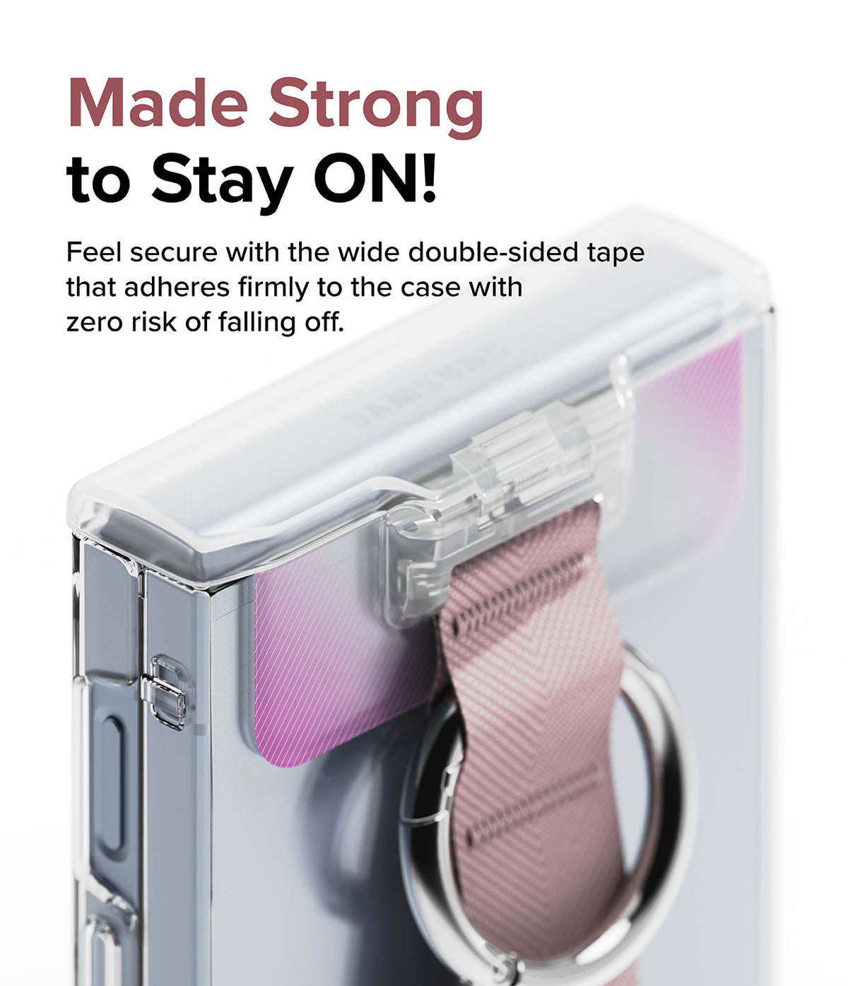 Galaxy Z Flip 6 / 5 / 4 / 3 | Hinge Cover - Clear hinge cover on a phone with a pink strap and metal ring attachment.