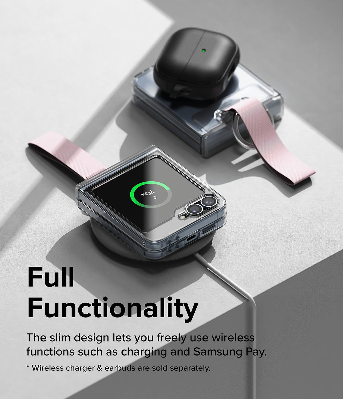Galaxy Z Flip 6 / 5 / 4 / 3 | Hinge Cover - Folded phone with hinge cover and pink strap charging wirelessly on a pad.
