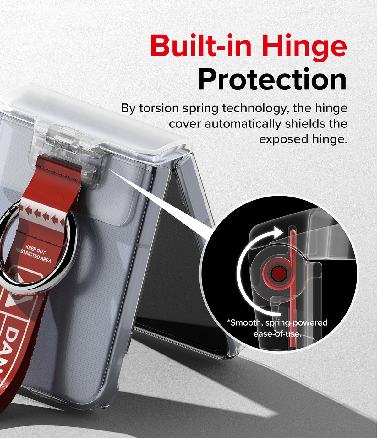 Galaxy Z Flip 7 FE / 6 / 5 / 4 / 3 | Hinge Cover Tarpaulin - Clear phone case with red strap and spring-loaded hinge cover.