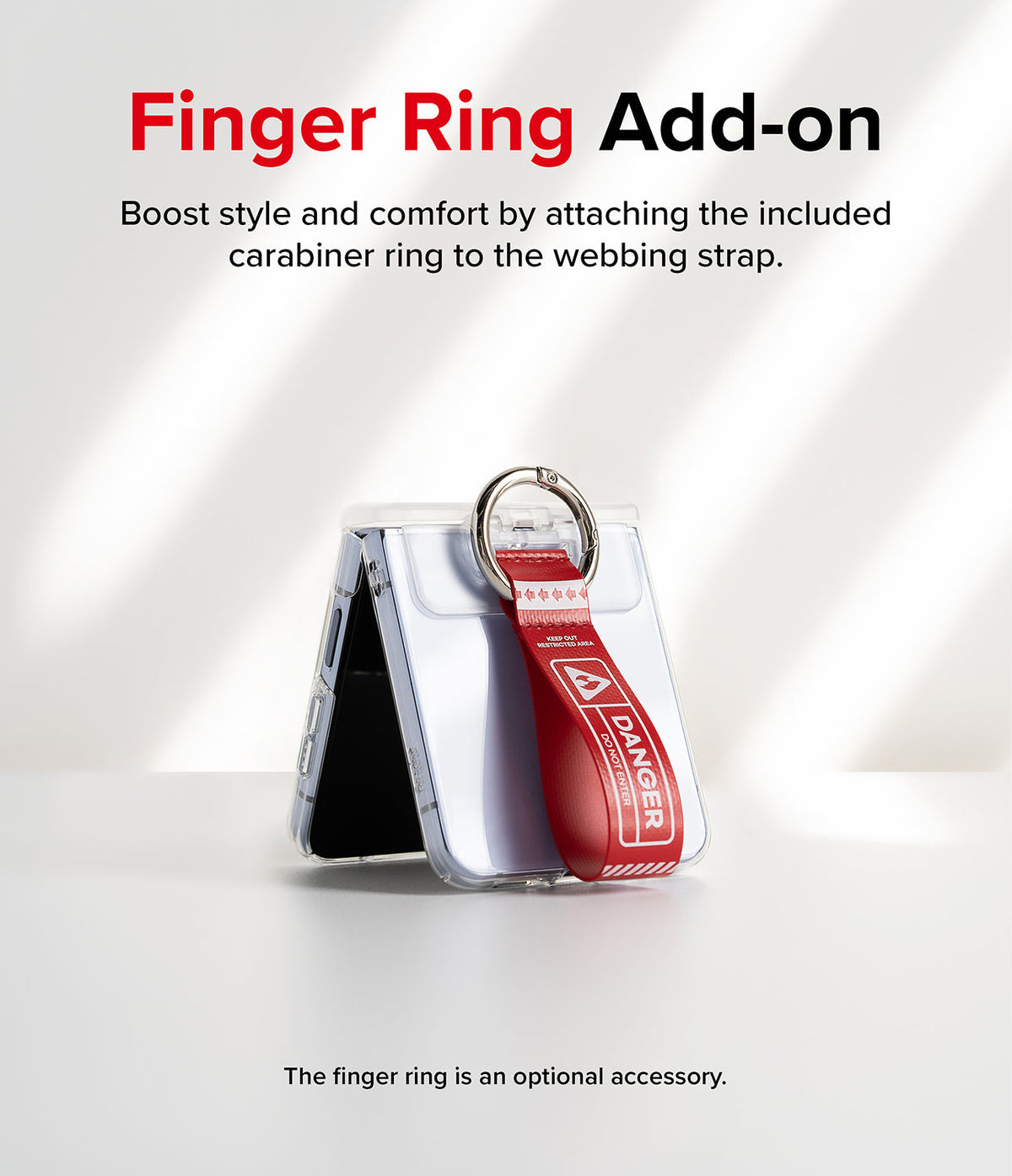 Galaxy Z Flip 7 FE / 6 / 5 / 4 / 3 | Hinge Cover Tarpaulin - Folded phone in clear case with red Danger strap and ring.