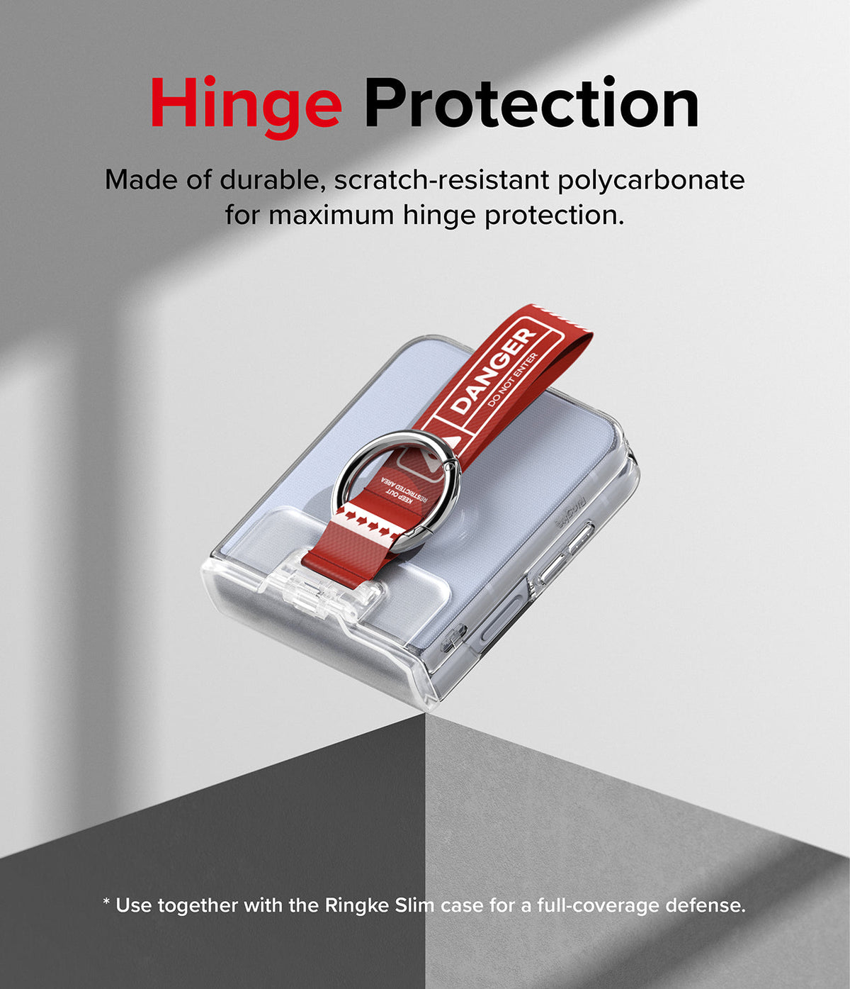 Galaxy Z Flip 7 FE / 6 / 5 / 4 / 3 | Hinge Cover Tarpaulin - Foldable phone with a red Danger strap and ring holder.