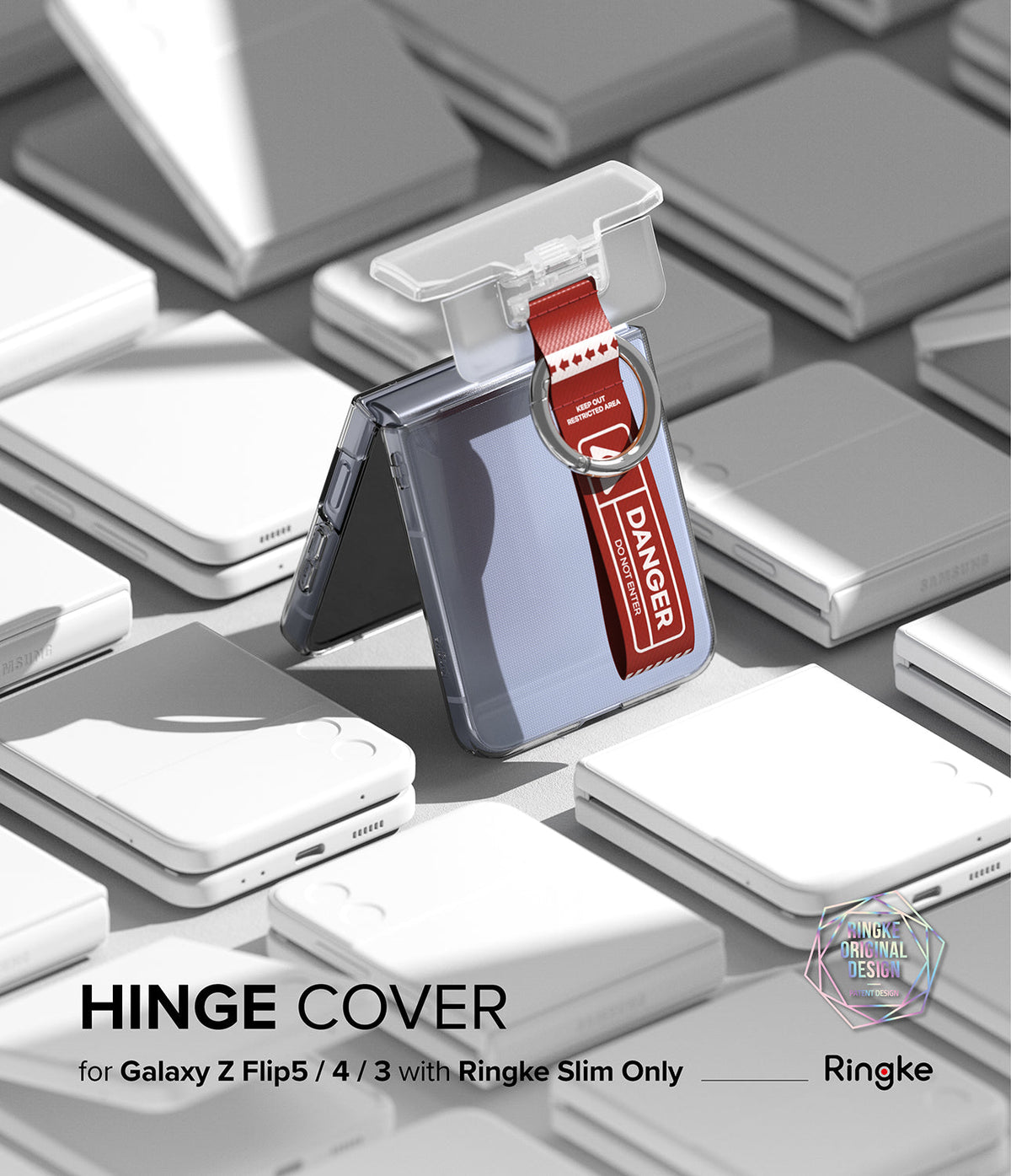 Galaxy Z Flip 7 FE / 6 / 5 / 4 / 3 | Hinge Cover Tarpaulin - A clear hinge cover with a red Danger strap on a phone.