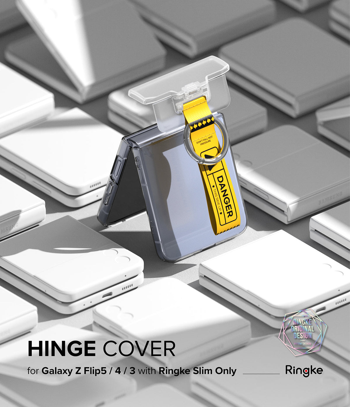 Galaxy Z Flip 7 FE / 6 / 5 / 4 / 3 | Hinge Cover Tarpaulin - A clear hinge cover with a yellow danger-themed strap.