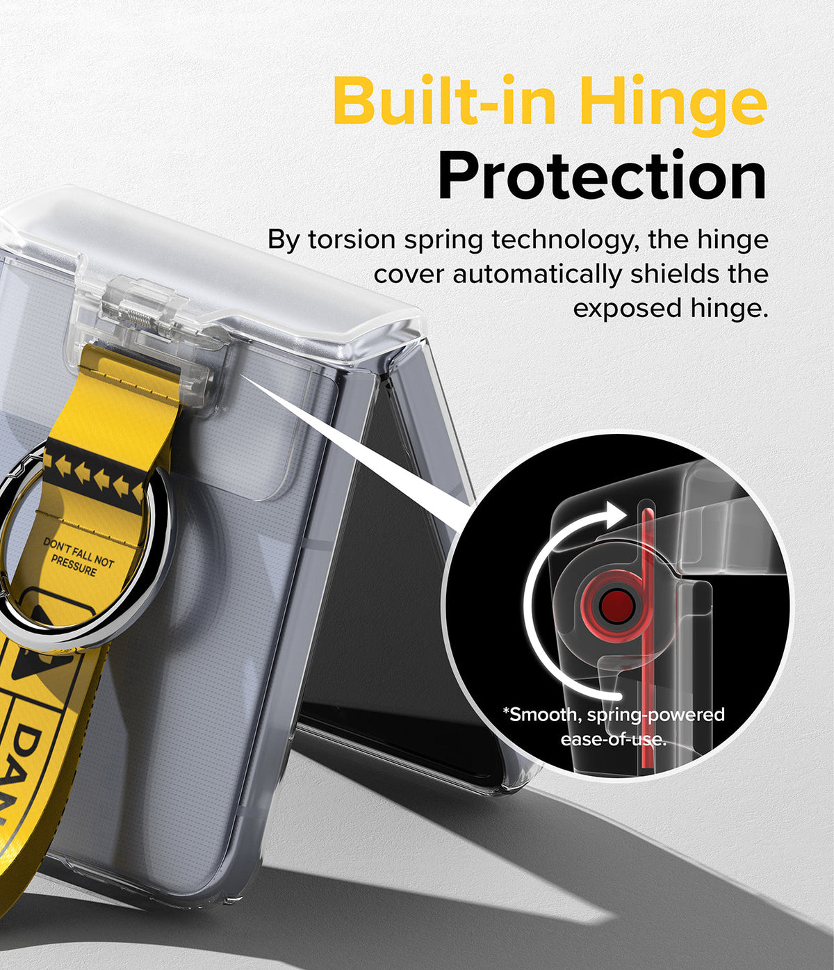 Galaxy Z Flip 7 FE / 6 / 5 / 4 / 3 | Hinge Cover Tarpaulin - Clear phone case with yellow strap and spring-loaded hinge.
