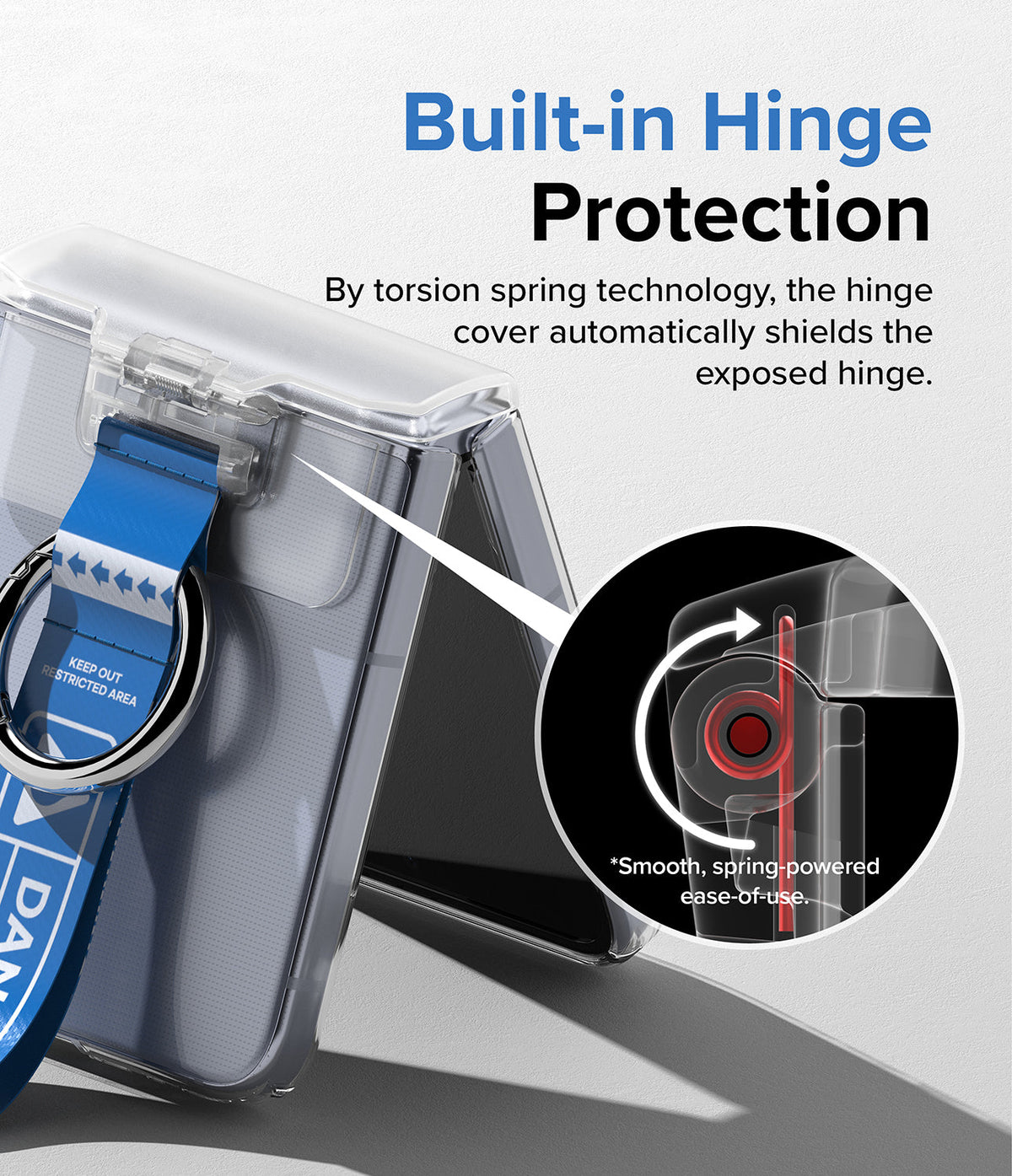 Galaxy Z Flip 7 FE / 6 / 5 / 4 / 3 | Hinge Cover Tarpaulin - Galaxy Z Flip 7 FE / 6 / 5 / 4 / 3 | Clear phone case with a spring-loaded hinge cover and a blue ring strap attachment.