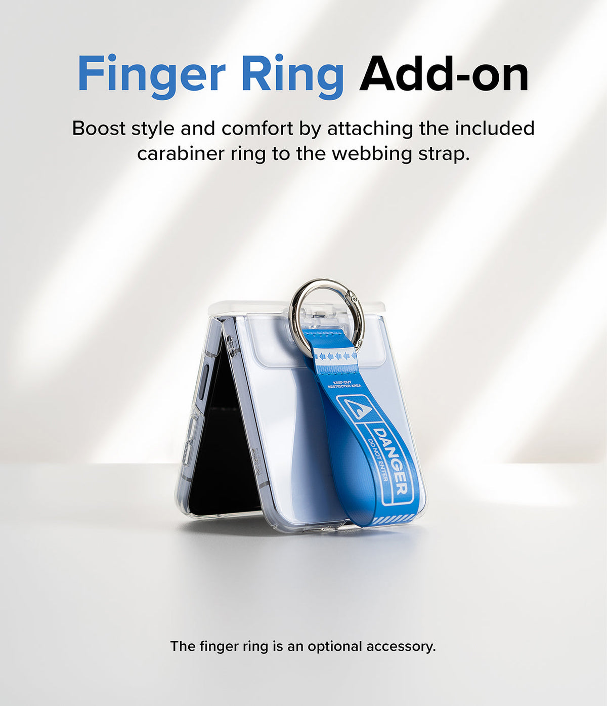Galaxy Z Flip 7 FE / 6 / 5 / 4 / 3 | Hinge Cover Tarpaulin - Foldable phone with a blue Danger-themed webbing strap.