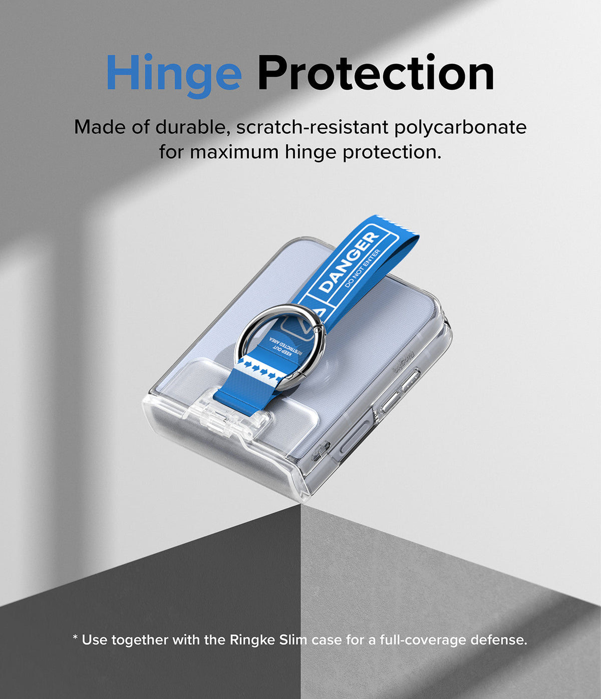 Galaxy Z Flip 7 FE / 6 / 5 / 4 / 3 | Hinge Cover Tarpaulin - Clear hinge cover with a blue Danger strap and metal ring.