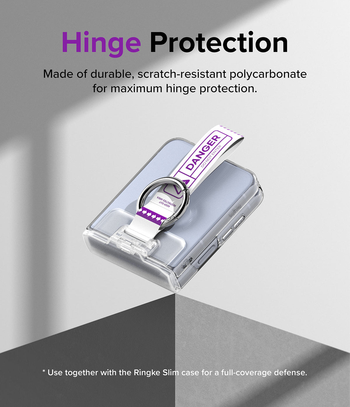 Galaxy Z Flip 7 FE / 6 / 5 / 4 / 3 | Hinge Cover Tarpaulin - Clear hinge protector with a Danger-themed strap and ring.