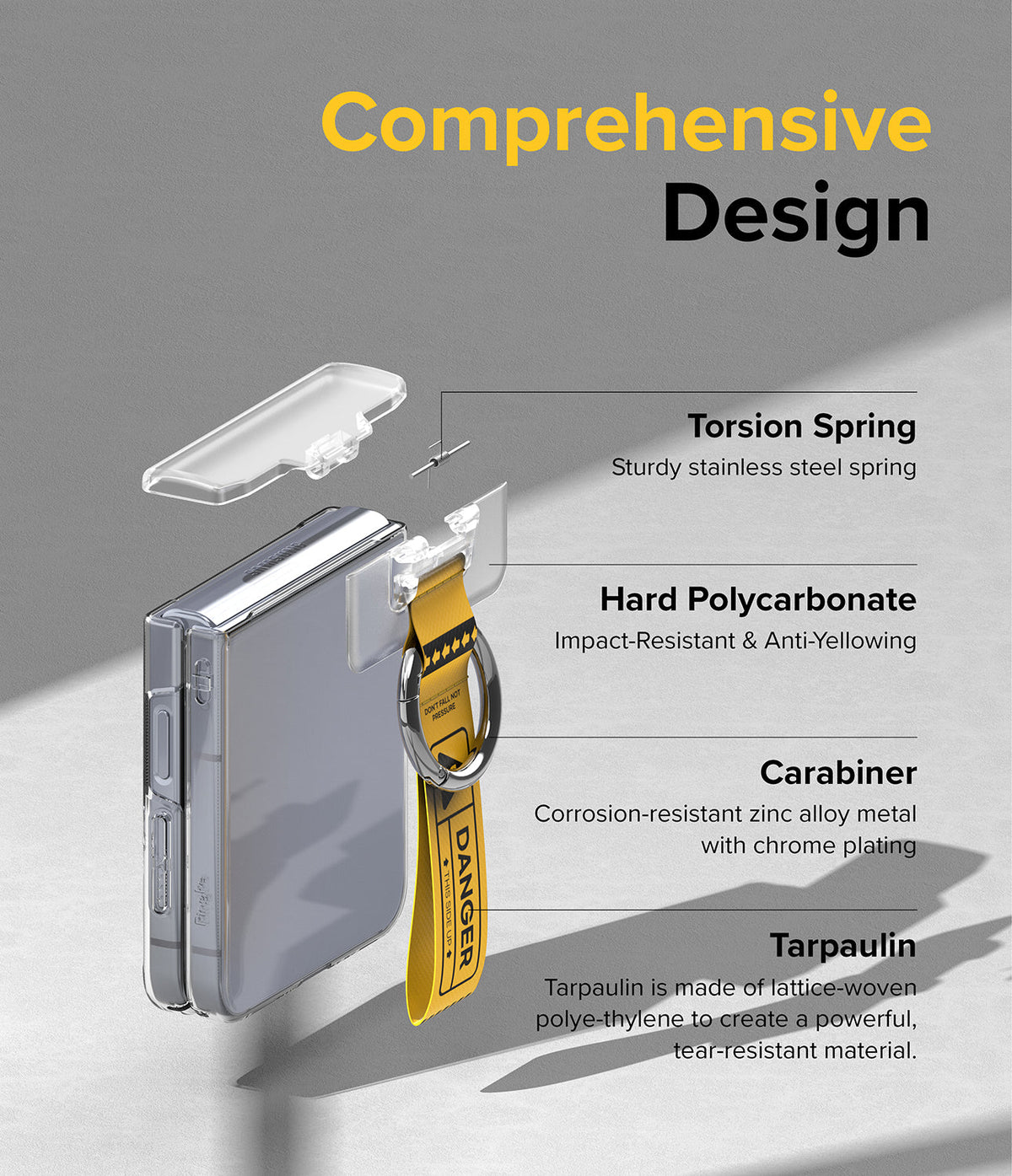 Galaxy Z Flip 7 FE / 6 / 5 / 4 / 3 | Hinge Cover Tarpaulin - Galaxy Z Flip 7 FE / 6 / 5 / 4 / 3 | Exploded view of a phone hinge cover with spring, polycarbonate, carabiner, and strap.
