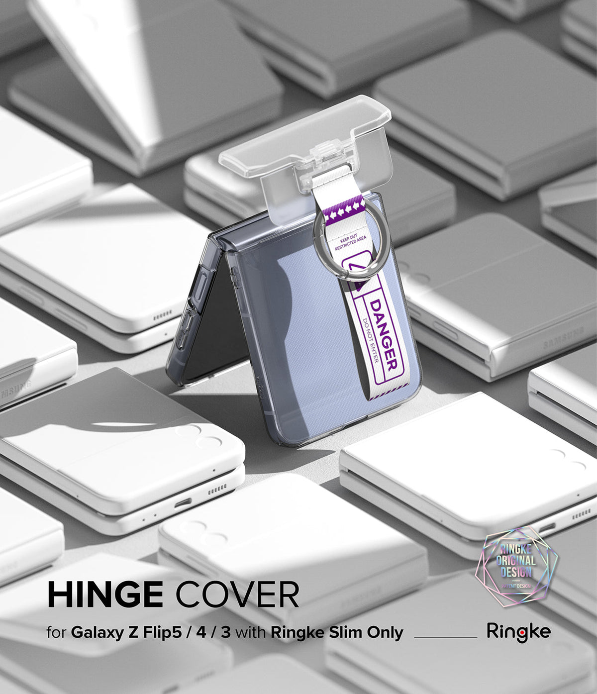 Galaxy Z Flip 7 FE / 6 / 5 / 4 / 3 | Hinge Cover Tarpaulin - Clear hinge cover with a Danger-themed strap on a phone.