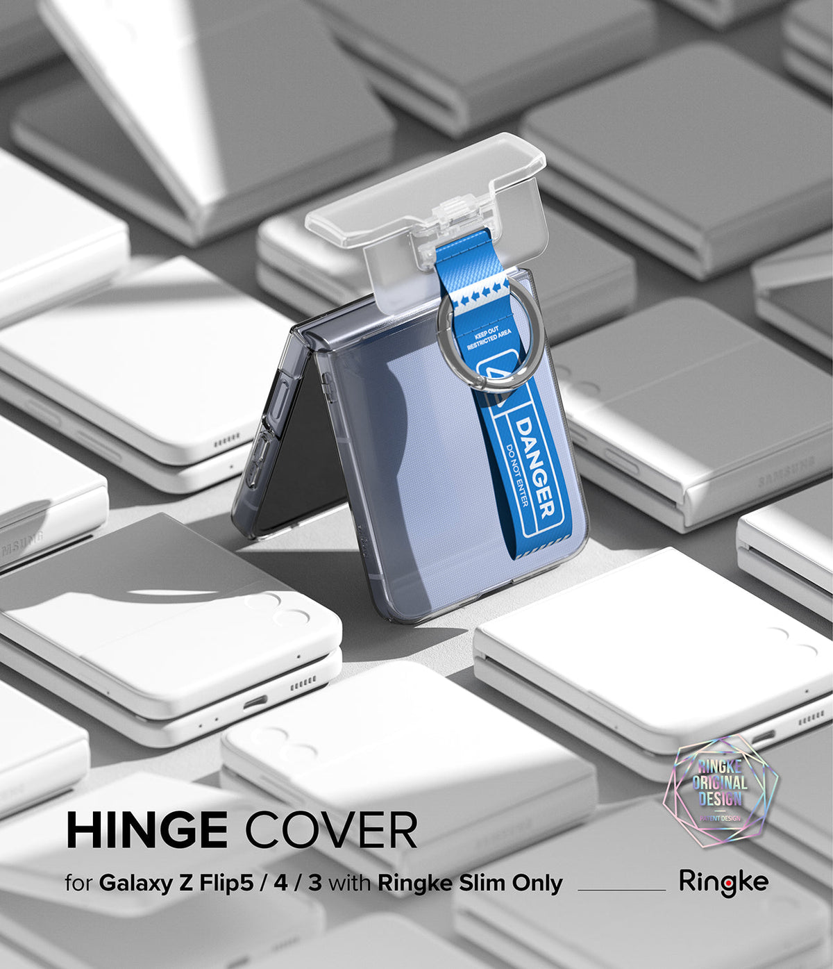 Galaxy Z Flip 7 FE / 6 / 5 / 4 / 3 | Hinge Cover Tarpaulin - A clear hinge cover with a blue "DANGER" strap on a phone.