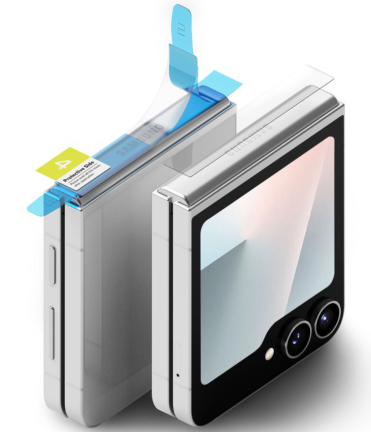 Galaxy Z Flip 7 FE / 6 / 5 / 4 Screen Protector | Hinge Dual Easy Film - Galaxy Z Flip 7 FE / 6 / 5 / 4 Screen Protector - Applying a clear adhesive film to the hinge of a folded smartphone.
