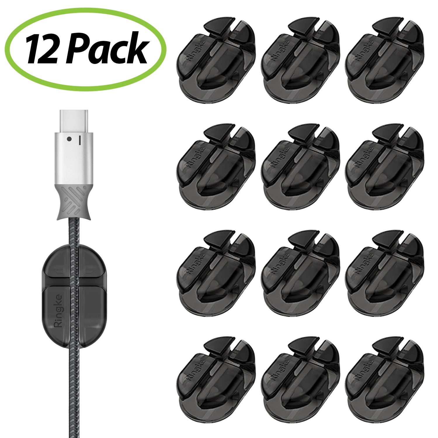 Cable Holder - Twelve black adhesive cable clips arranged in a grid with one attached to a USB-C charging cable.