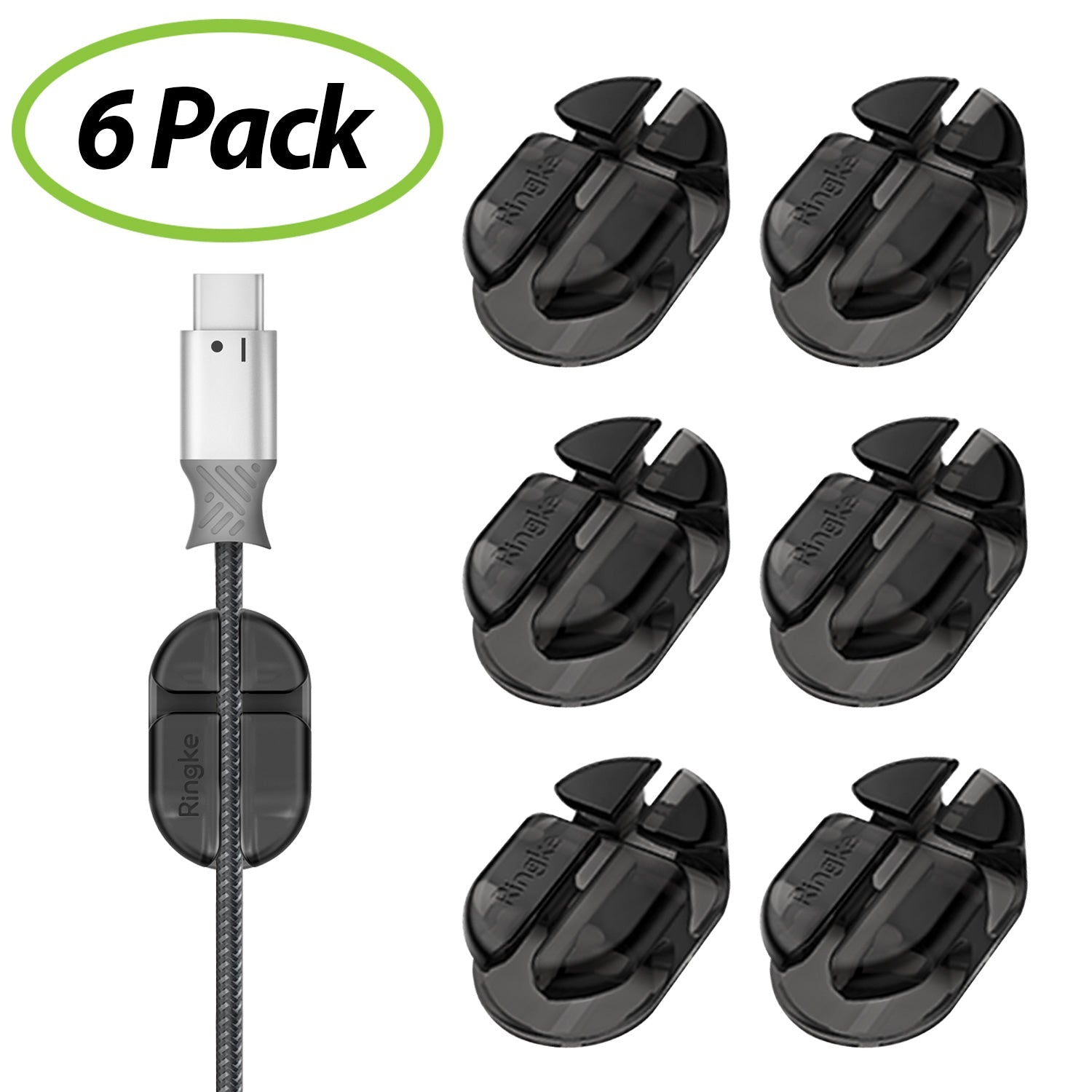 Cable Holder - Six black adhesive cable clips arranged in two columns with one clip attached to a USB-C cable.