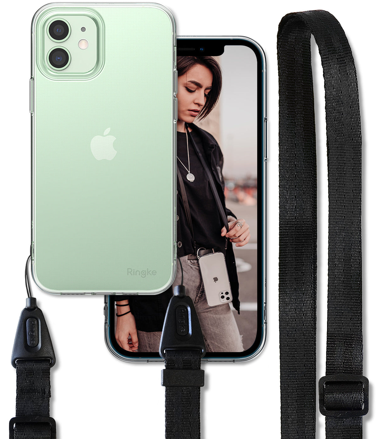 iPhone 12 Mini Case | Air + Shoulder Strap - Clear phone case with a black adjustable strap and lifestyle photo.
