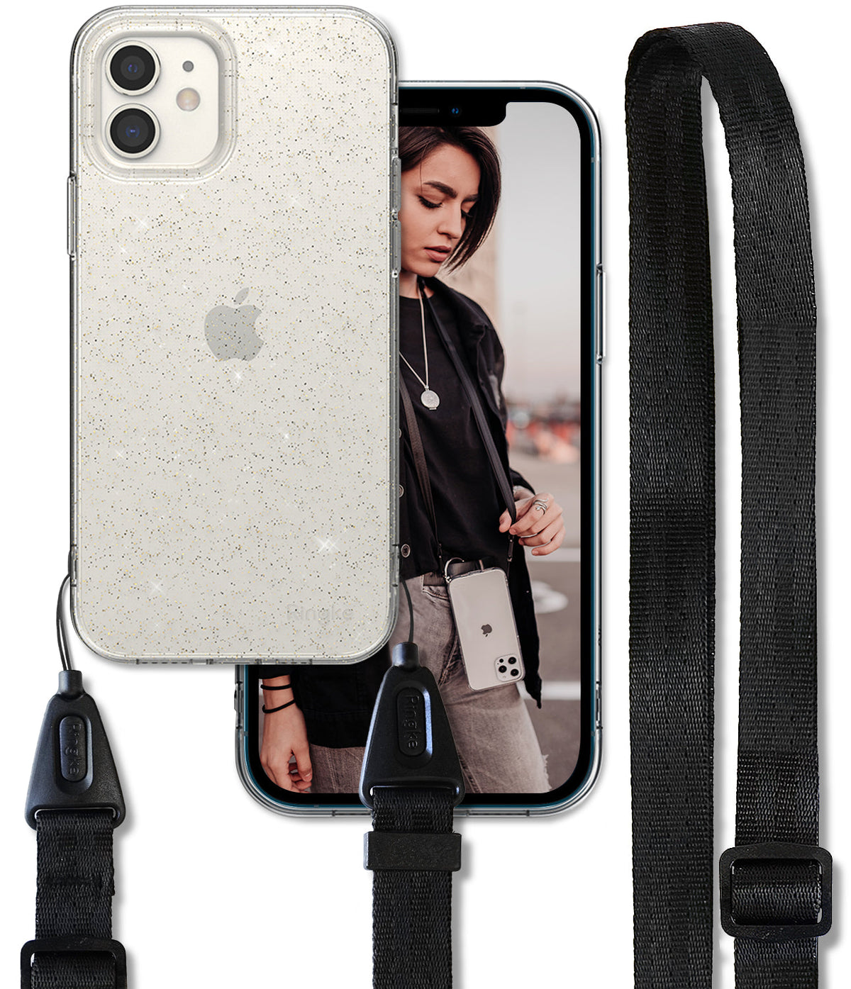iPhone 12 Mini Case | Air + Shoulder Strap - Glittery clear phone case with a black adjustable shoulder strap.